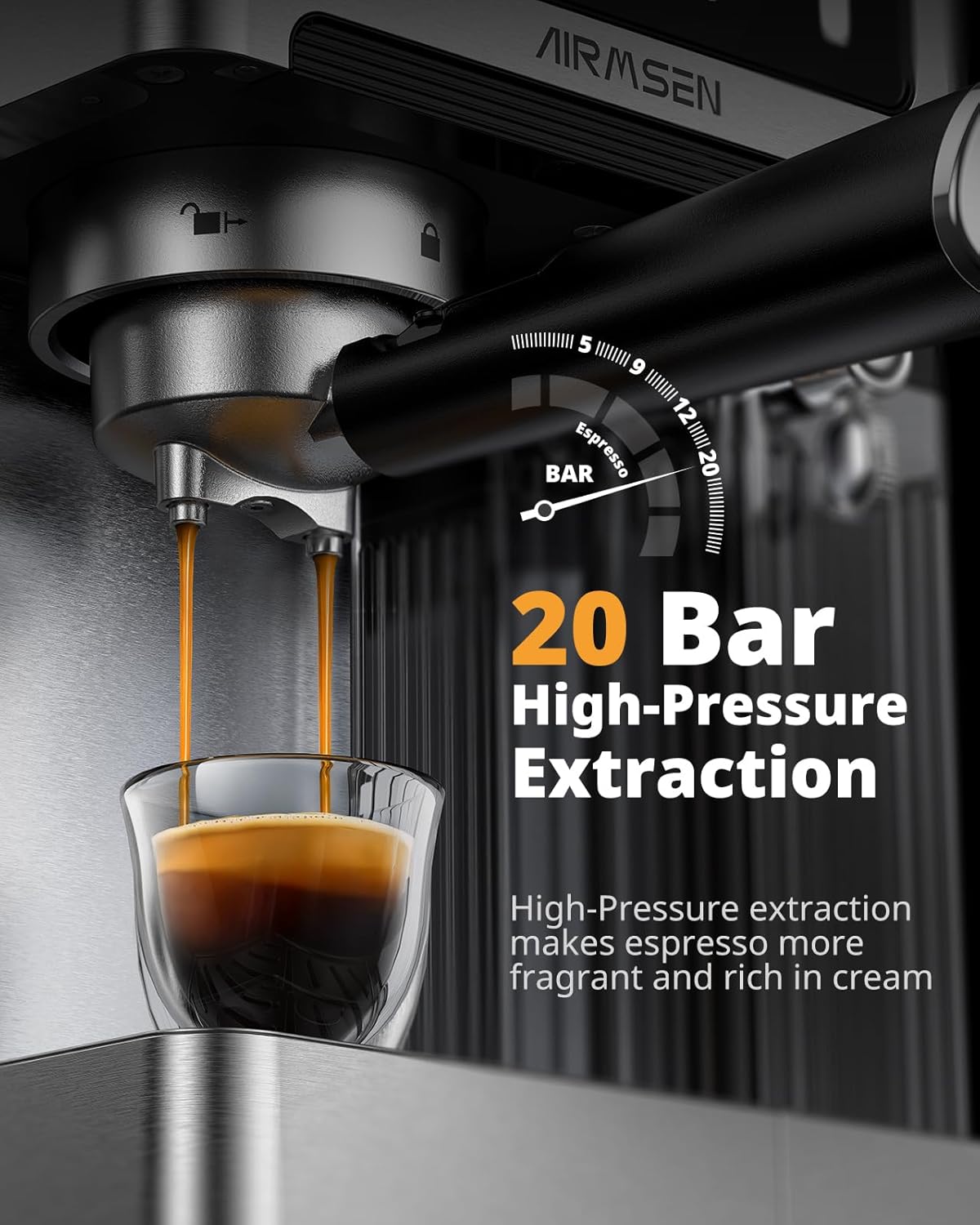 AIRMSEN 20 Bar Espresso Machine with Automatic Milk Frother, Cappuccino & Latte Coffee Maker with Quick Brew Dual Boiler (1350W + 1000W)