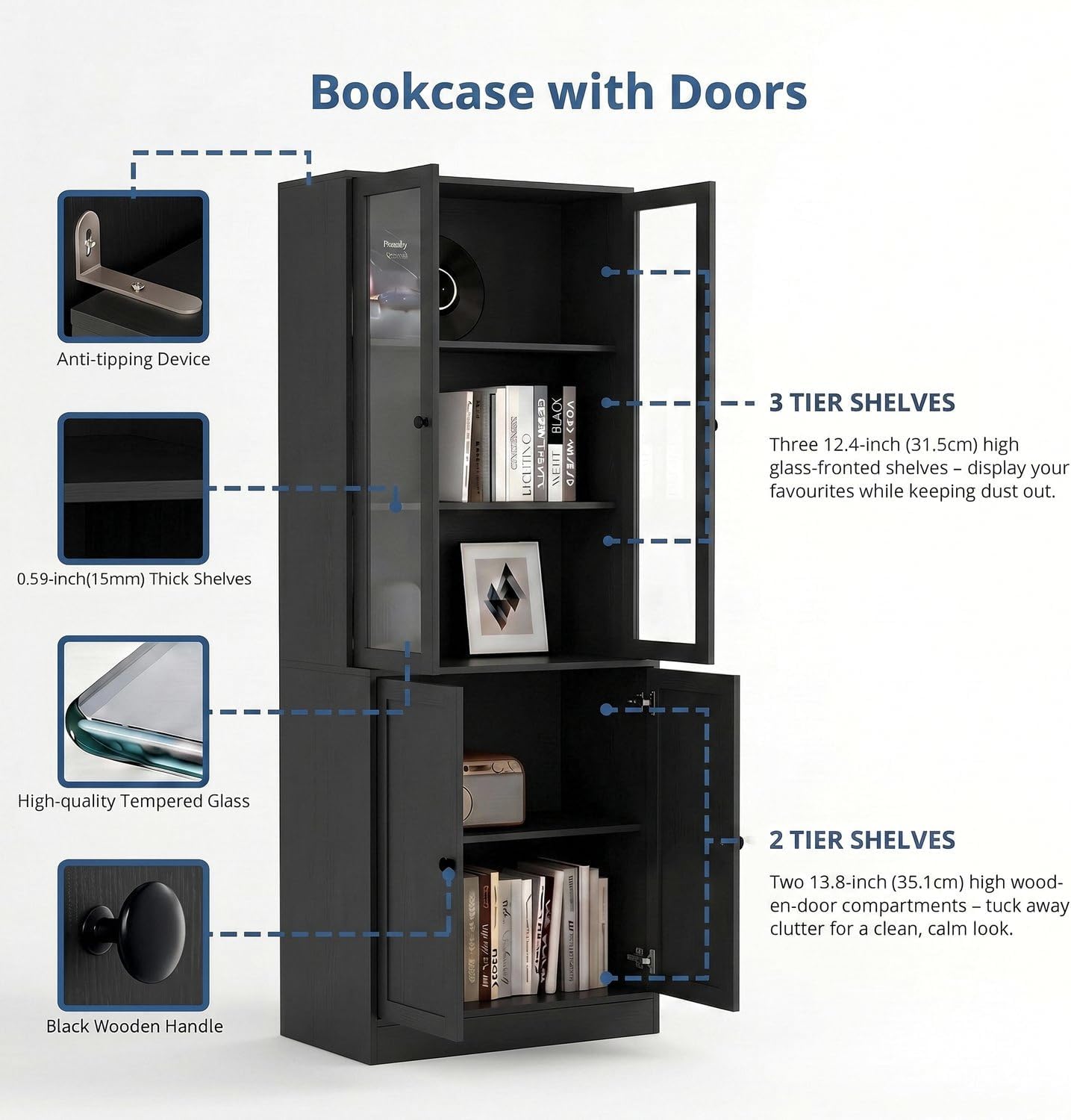 TUSY 71" H Bookcase with Storage | 6-Tier Modern Bookshelf with Drawers, Display Bookcase with Glass Doors, White Curio Cabinet for Home Office, Living Room