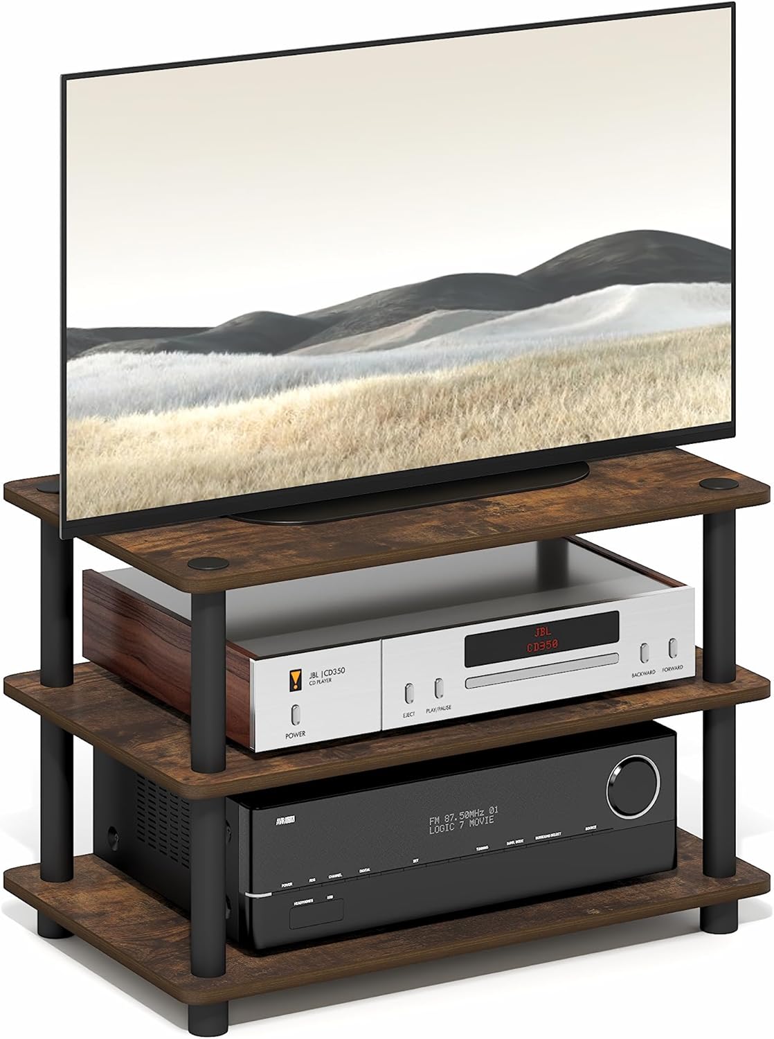 Furinno Turn-N-Tube TV Riser Stand, 2-Tier Small Elevated No Tools TV Stand, TV Console for TV up to 32 inch, 15.8 x 23.8 x 11, for Living Room, Bedroom, French Oak/Black