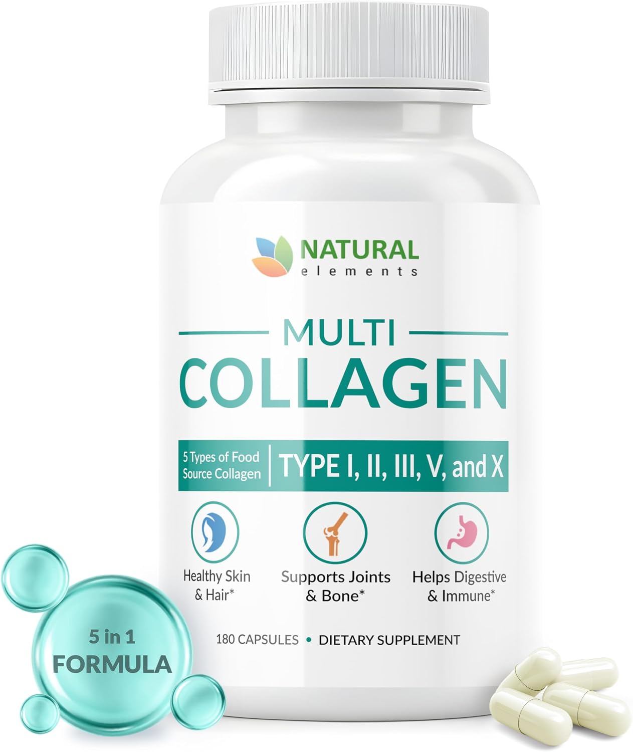 Multi Collagen 180 Protein Capsules - Type I, II, III, V, X Collagen Pills - Proprietary Blend of Eggshell, Chicken