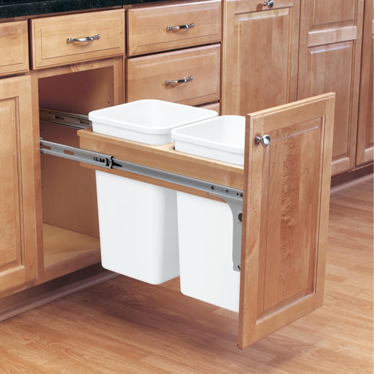 Rev-A-Shelf 35 Qt Top Mount Double Pullout Under Cabinet Kitchen Trash Cans for Base Cabinets, 150 Pound Rated Full-Extension Slides, Min Opening Width of 14.75", White, 4WCTM-18DM2-162
