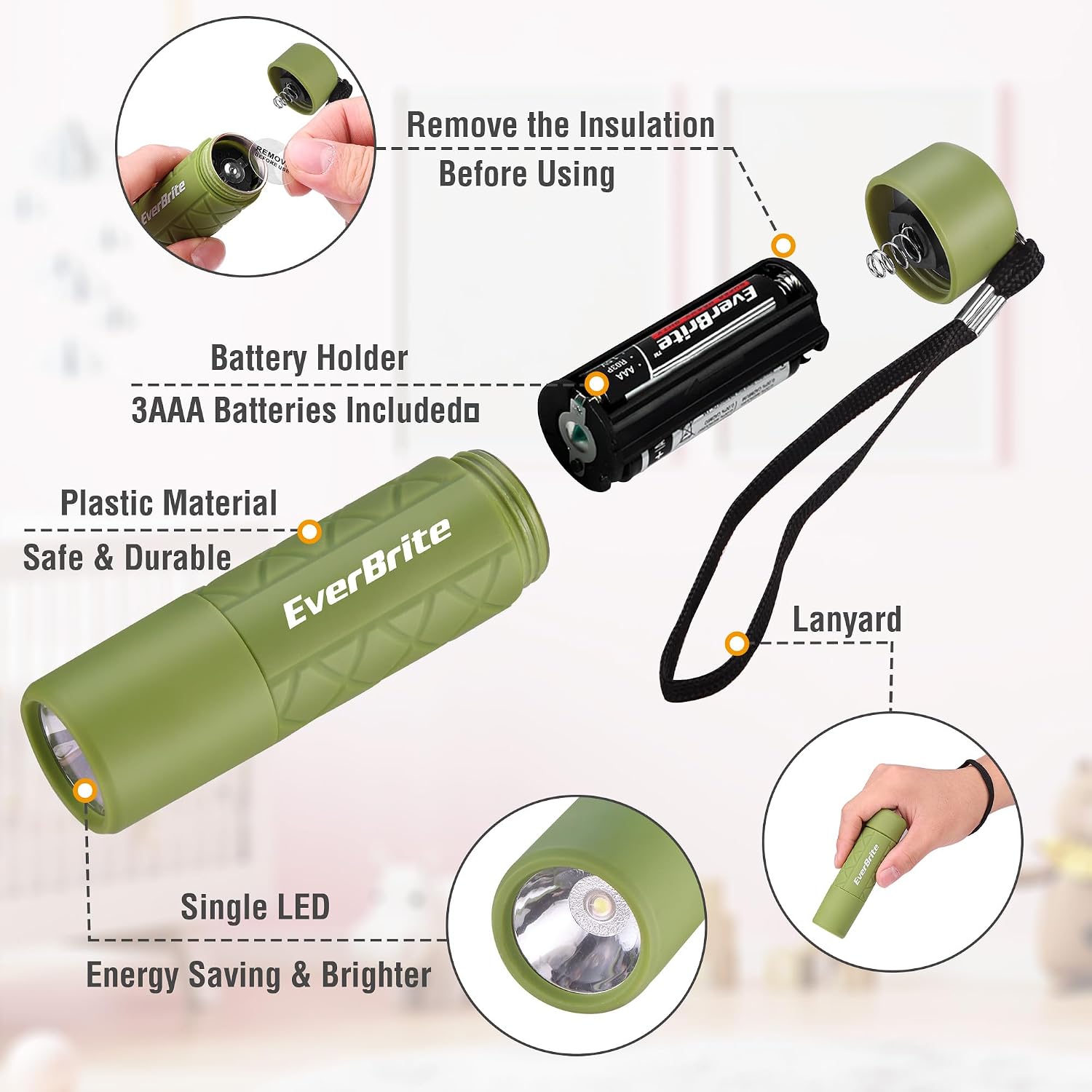 EverBrite Mini Flashlights 6-Pack Mix Colors, Batteries Included | Small, Lightweight, 18 AAA Batteries, 6-Color Set, 9-LED, Wrist Lanyards, for Home, Camping & Emergency use, Holiday Gifts