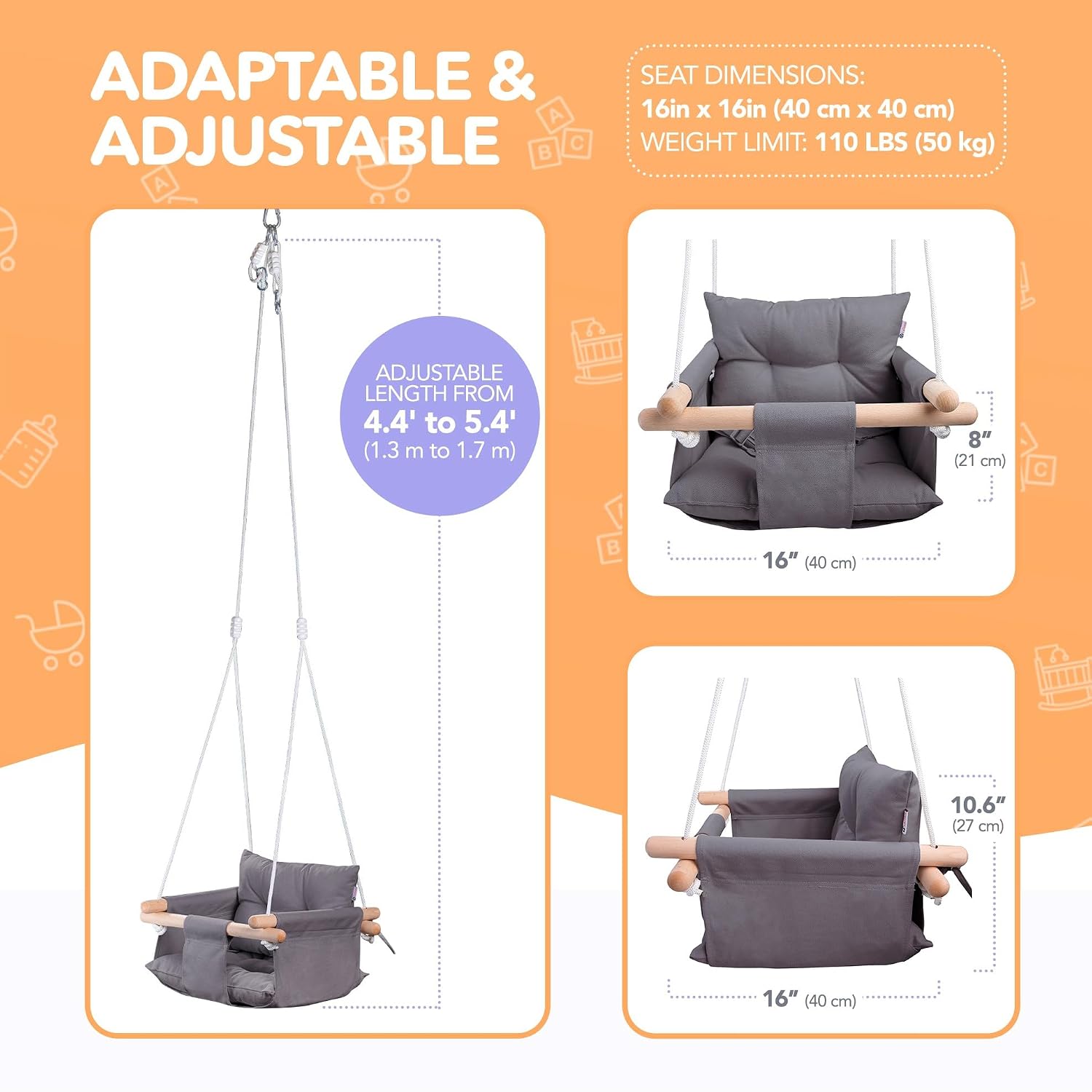 CaTeam Canvas Baby Swing Seat with 5-Point Safety Belt — Wooden Hanging Toddler Swing, Indoor & Outdoor, Ages 1-4, Ceiling Mount Hardware Included