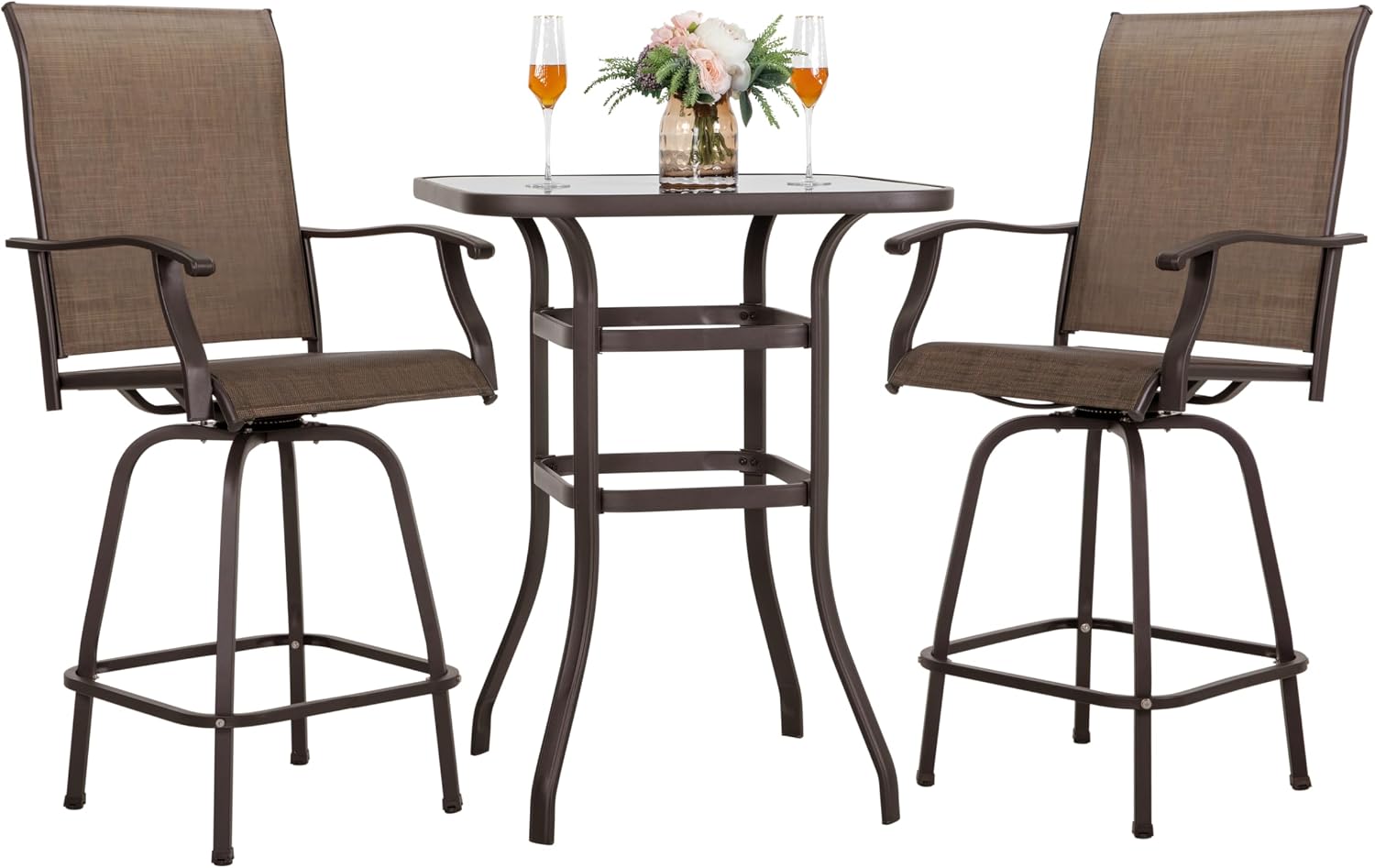 NUU GARDEN 3 Piece Patio Bar Set, All Weather Mental Textilene High Stools Set Outdoor Swivel Bar Chair Set of 2 and High Silk Screen Glass Bar Table