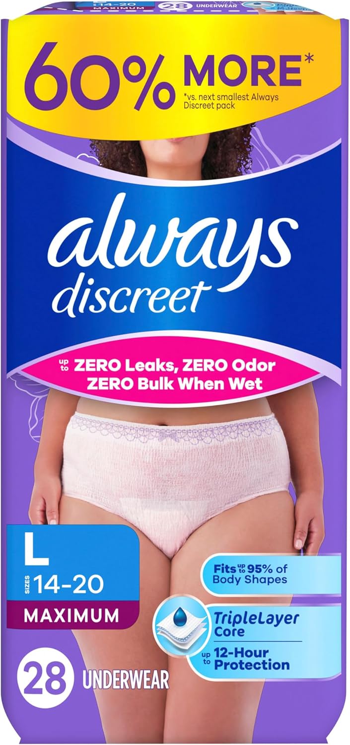 Always Discreet Adult Diapers for Women, Incontinence Underwear, Postpartum Essentials, Disposable Briefs, Max Absorbency, Bladder Leak Protection, Small/Medium, 32ct