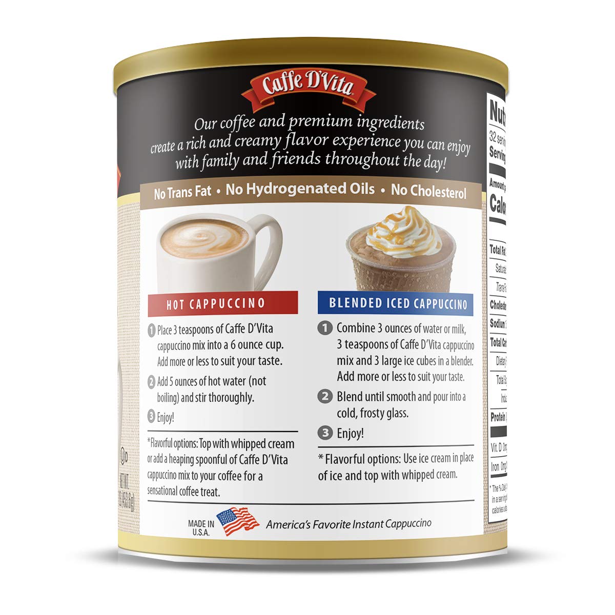 Caffe D'Vita Mocha Cappuccino Mix - 4 lb can (64 oz.) | Instant Cappuccino Mix, Gluten Free, No Cholesterol or Trans Fat, 99% Caffeine Free, Mocha