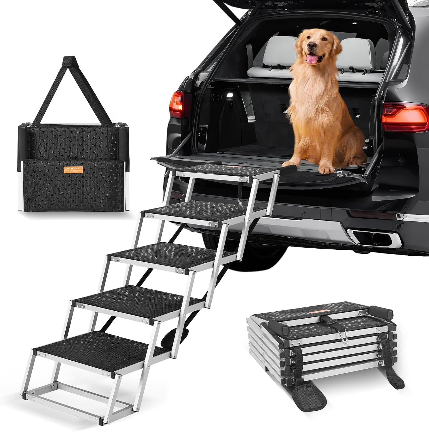 VEVOR 4-Step Dog Car Steps, Folding Dog Ramp with Nonslip Surface, Portable Pet Steps in Aluminum for Car, SUV and Truck, Supports up to 250 lbs