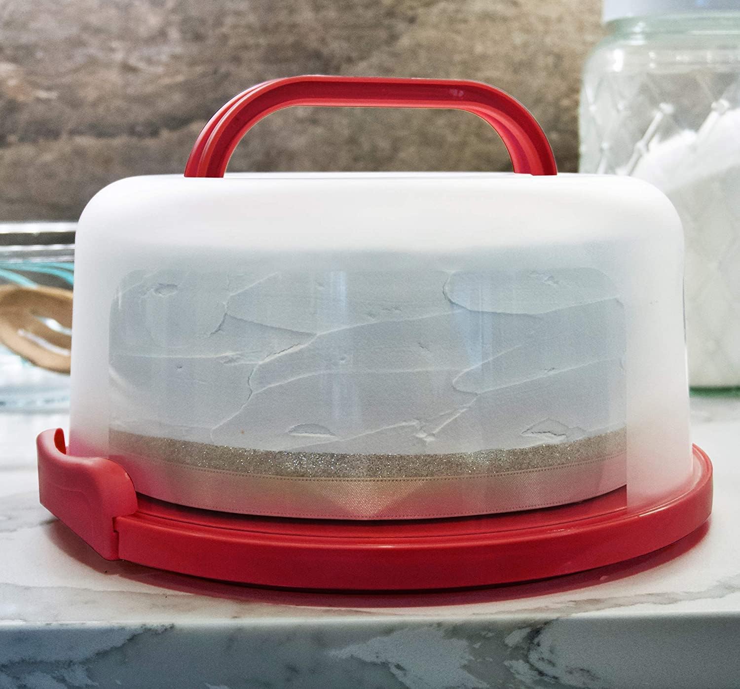 Top Shelf Elements Round Cake Carrier Two Sided Cake Holder Serves as Five Section Serving Tray, Portable Cake Stand Fits 10 inch Cake