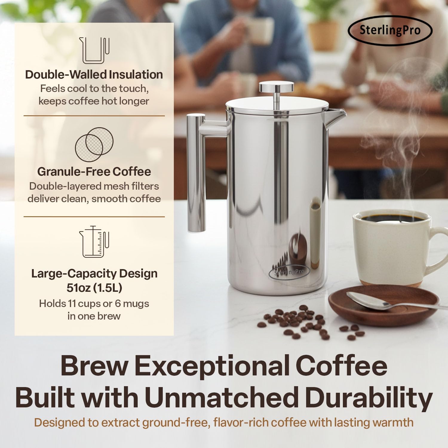 SterlingPro Large Insulated Stainless Steel French Press Coffee Maker 51oz Capacity (44 oz Brew Yield) – Double Wall Metal Coffee Press | Plastic Free | Cool-Touch | Mirror Finish | 12 Cups / 6 Mugs