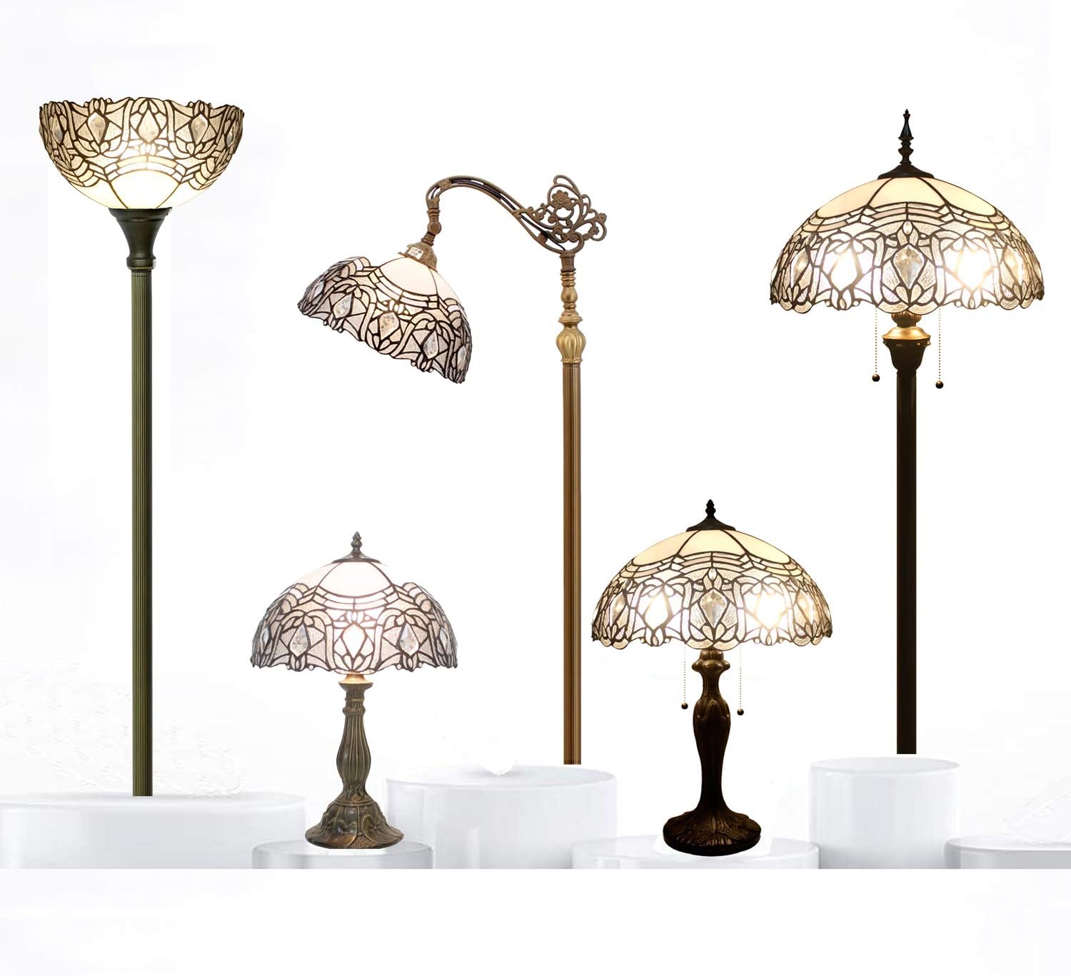 WERFACTORY Tiffany Floor Lamp White Crystal Stained Glass Torchiere Light | 12X12X71 Inches Pole Standing Corner Torch Uplight Decor Bedroom Living