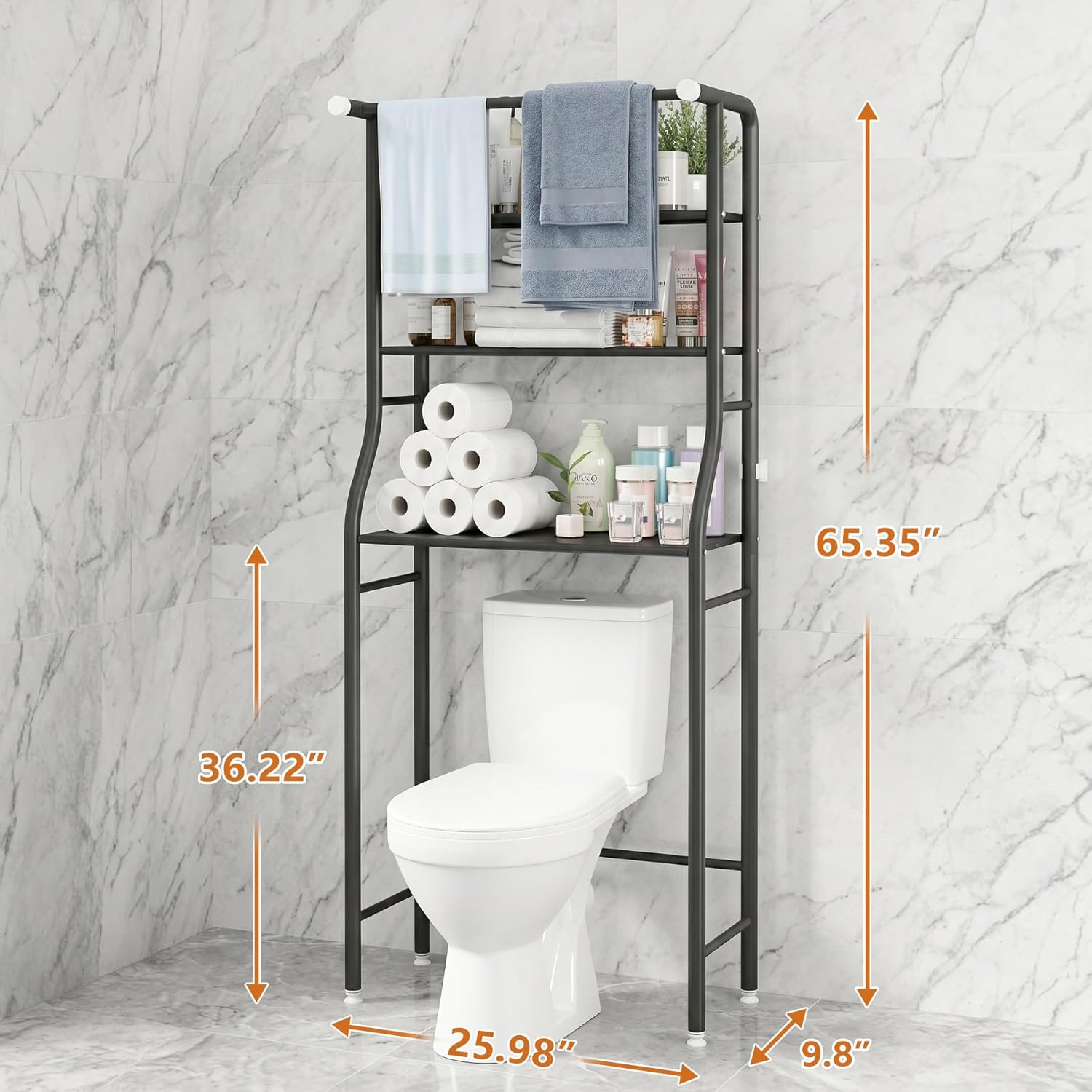 UDEAR 3-Tier Over The Toilet Rack,with Hanging Rod,Tower Shelf,Black