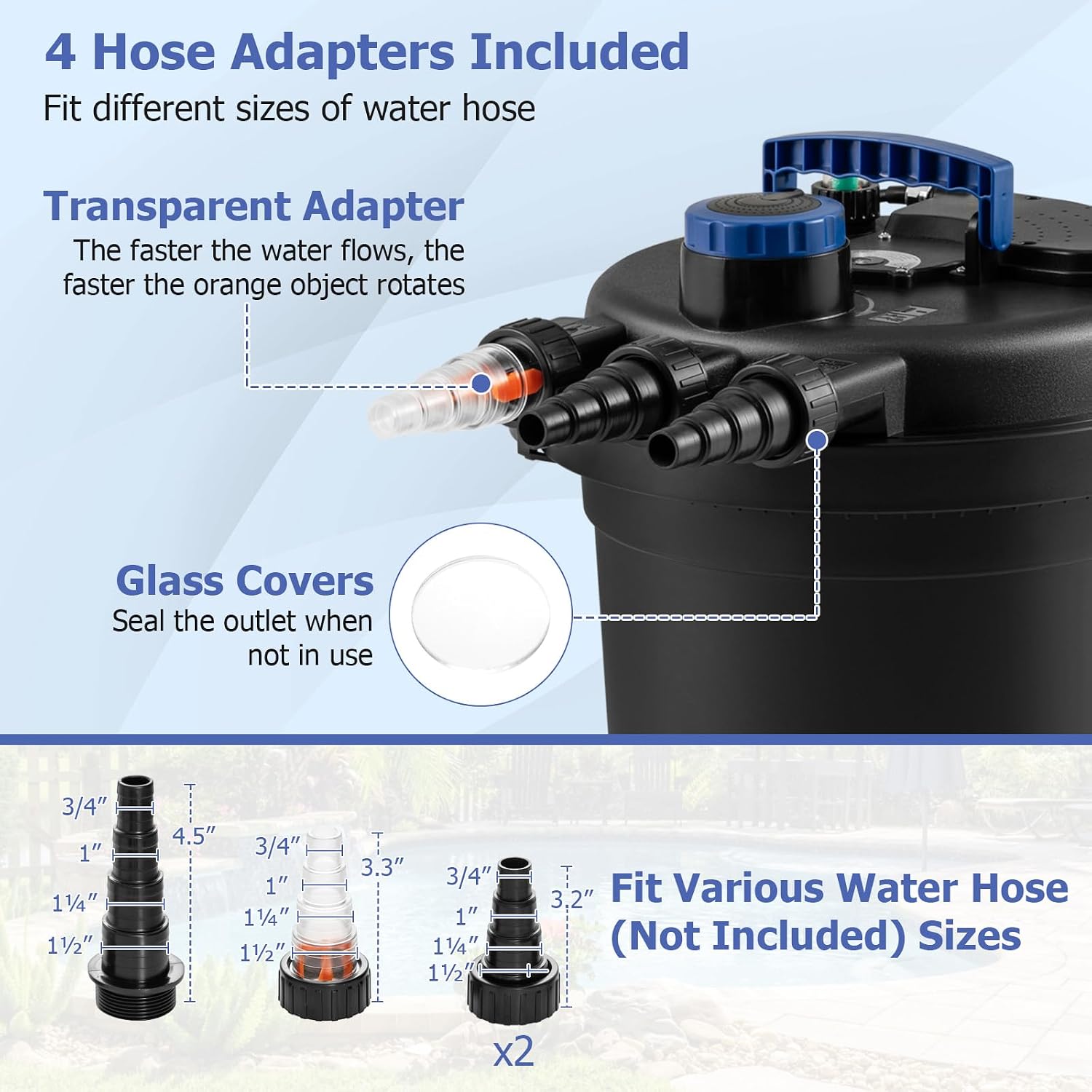 HAPPYGRILL 2642 GPH Pond Filter with 13W UV-C Light & Bio Balls, 4 Adapters