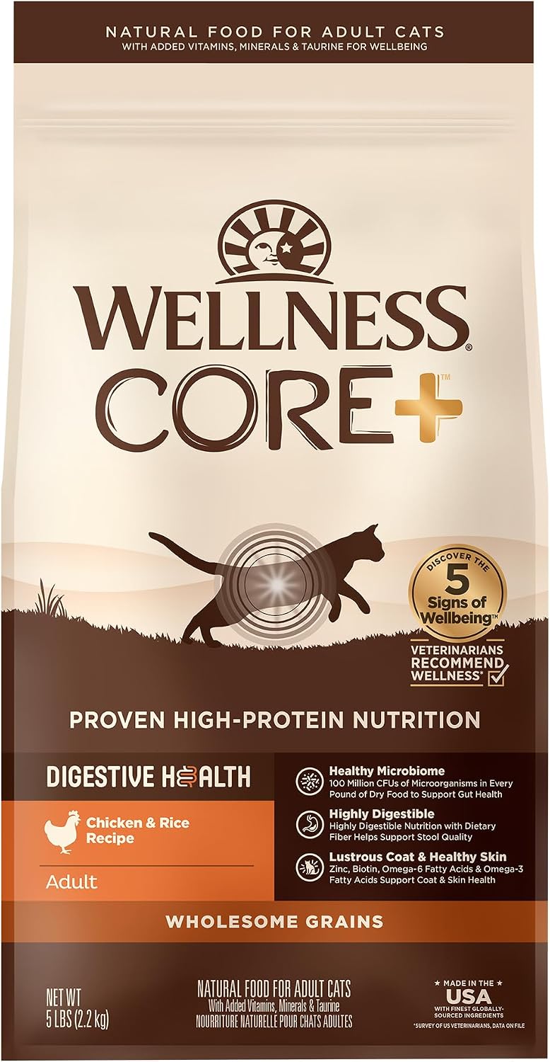 Wellness CORE+ Adult Dry Cat Food, Natural, Wholesome Grains Kibble, Digestive Health Chicken and Rice Recipe, 5 lb Bag
