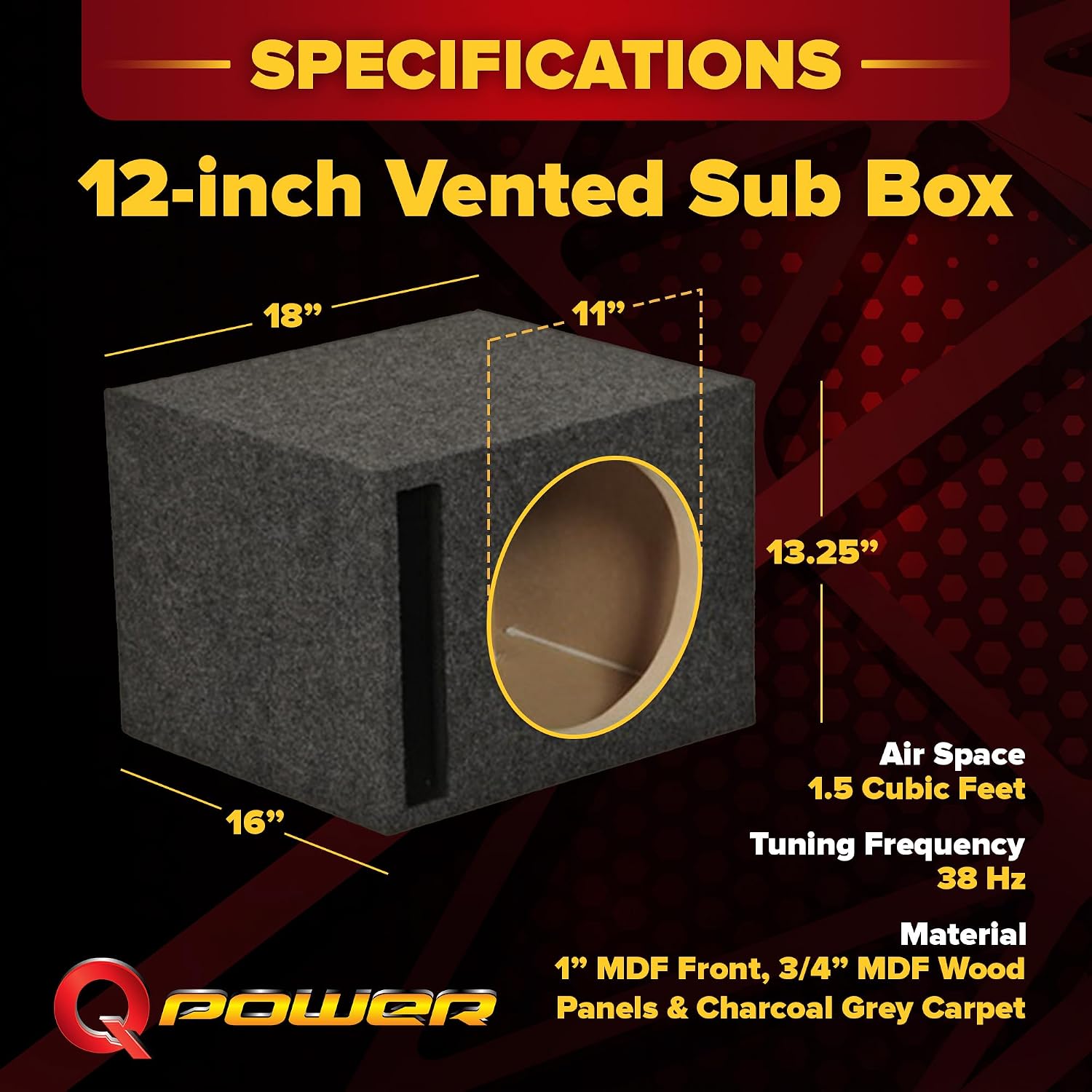 QPower HD112VL Single 12 Inch SPL XL Heavy Duty Side Ported Subwoofer Box Enclosure with Durable Carpet Covering for Car Audio Systems