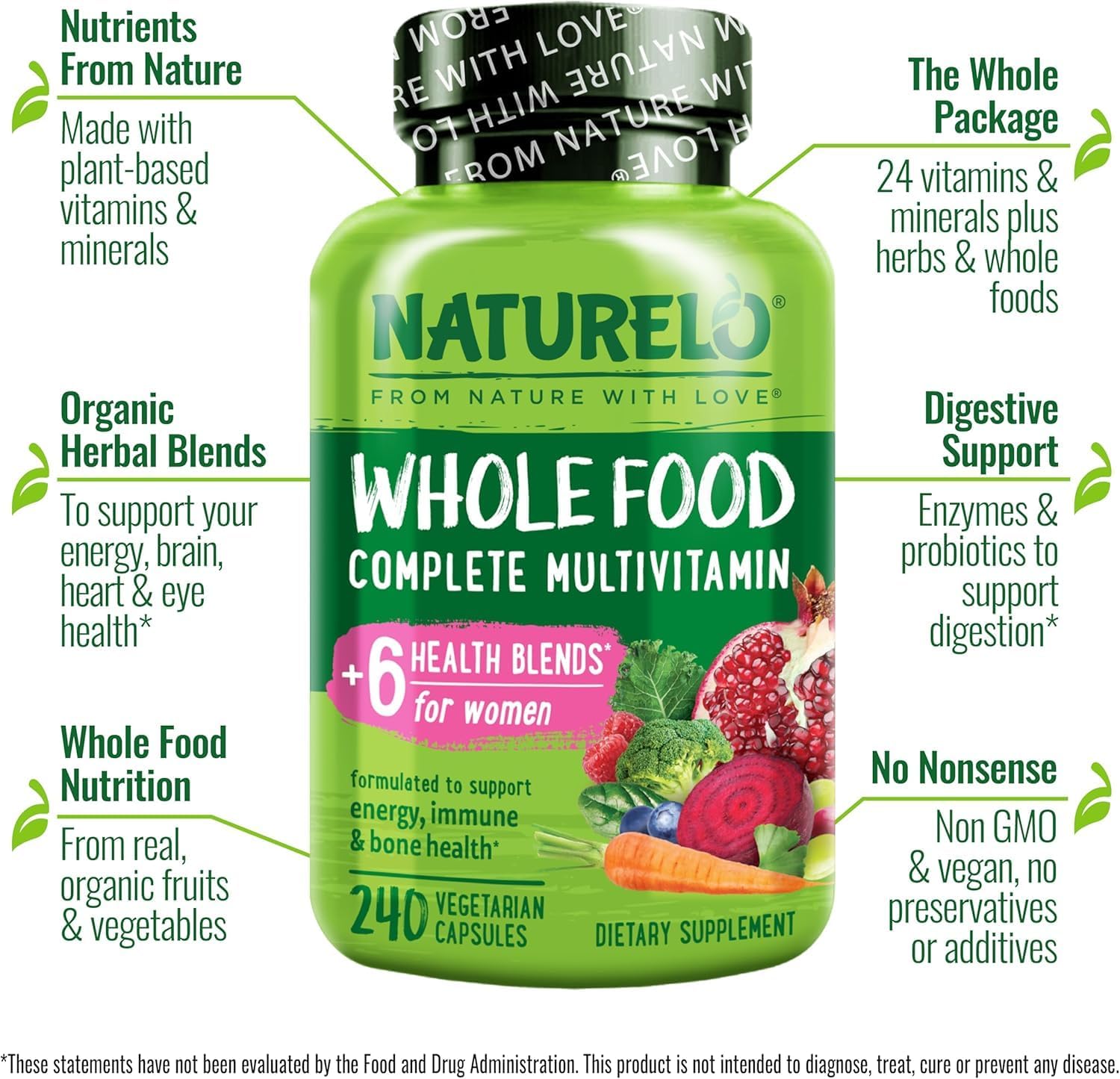 NATURELO Whole Food Multivitamin for Women - with Vitamins, Minerals, & Organic Extracts - Supplement for Energy and Heart Health - Non GMO - 120 Vegan Capsules | Women's Multivitamins with Vitamins, Minerals, Organic Extracts for Energy and Heart Health…