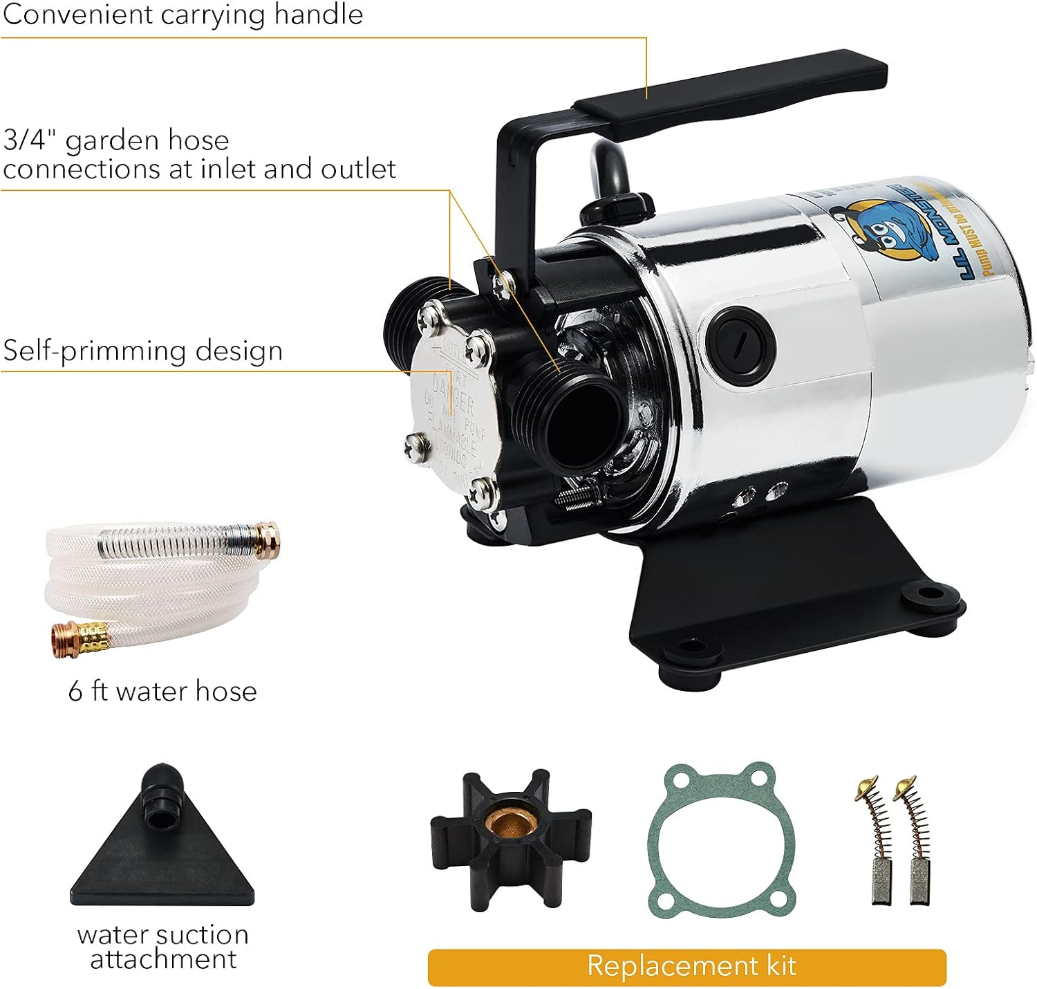 115V 330GPH Self-Priming Transfer Pump, LilMonster Auto Portable Electric Utility Water Pump with Suction Hose Kit,Bright Silver