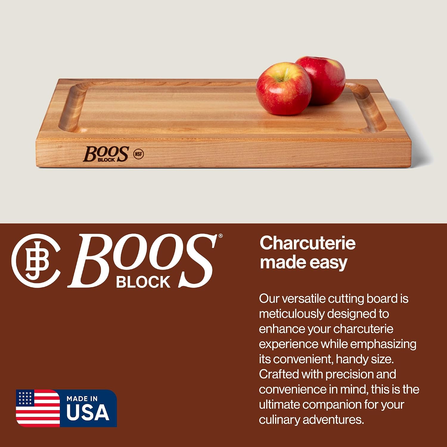 John Boos BBQ Series Rectangular Wooden Maple Cutting Board 18”x12” – 1.5” Thick, 8.5-lb Reversible Butcher Block with Juice Groove