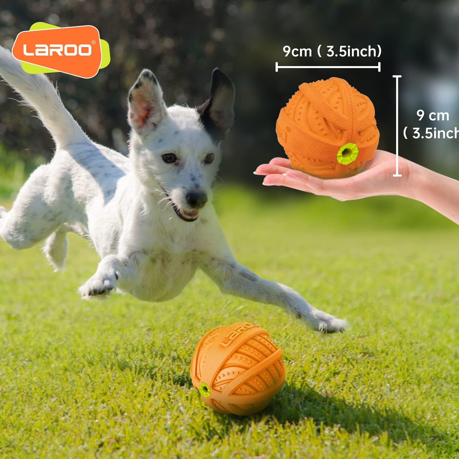 LaRoo Squeaky Dog Ball Toy,Durable Natural Rubber Squeaker Ball Throwing Training,Teeth Cleaning Chew Toy for Pet Medium and Large Dogs (3.5In Green)