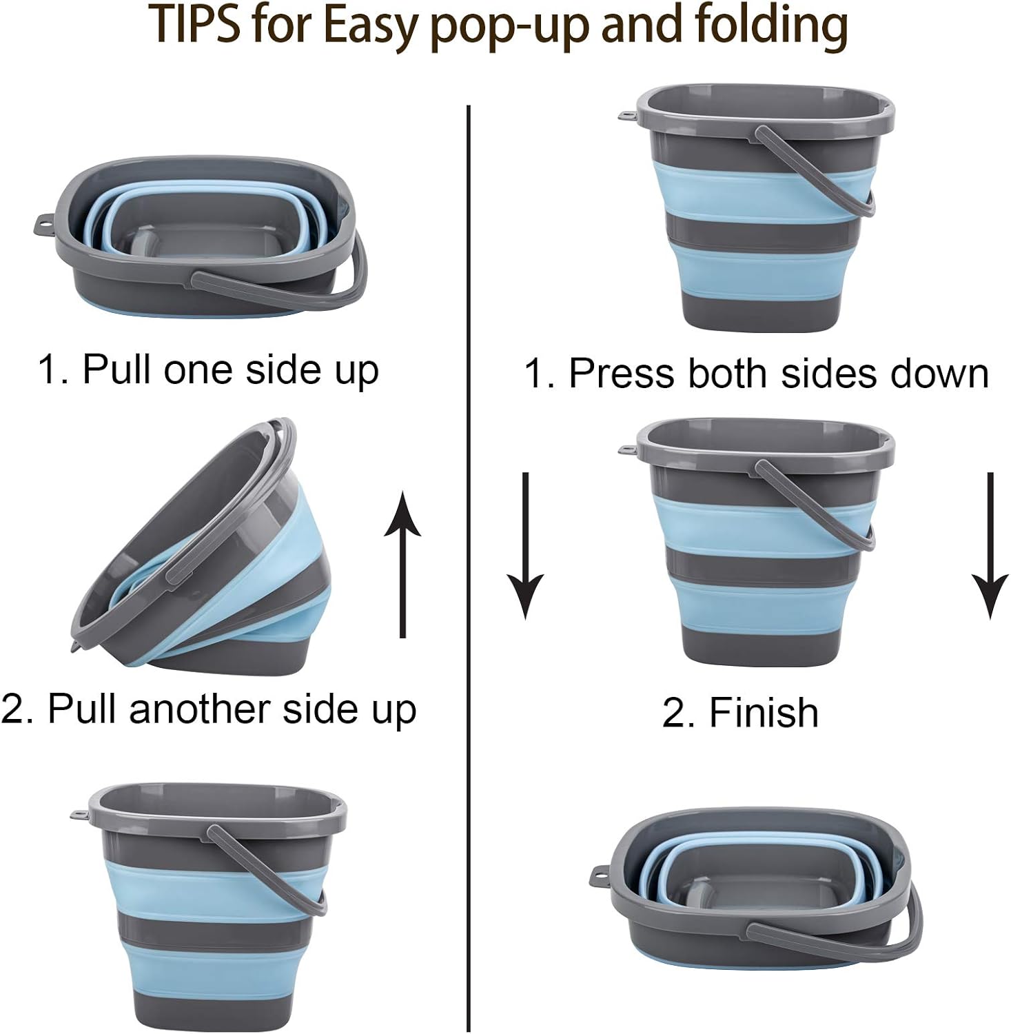 2 Pack Collapsible Plastic Bucket with 2.6 Gallon (10L) Each, Foldable Rectangular Tub for House Cleaning