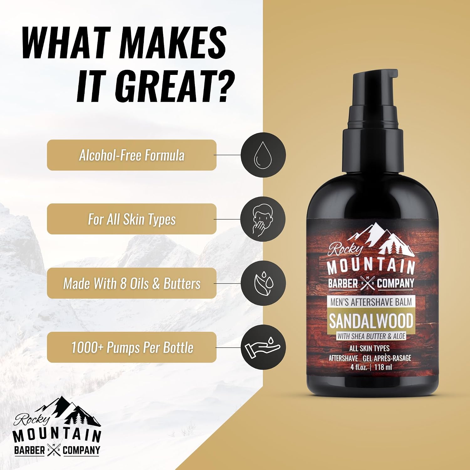 Rocky Mountain Barber Company Sandalwood Aftershave Balm for Men, 4 oz | Made with Sandalwood Essential Oil, Coconut Oil and Shea Butter