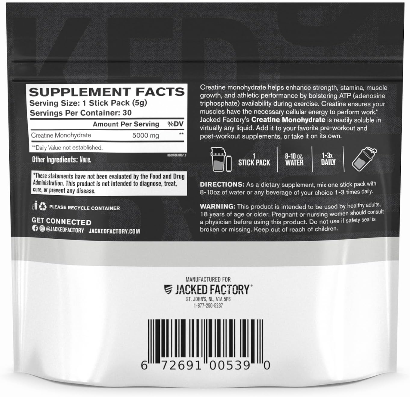 Jacked Factory Creatine Monohydrate Powder 425g - 5g Daily Micronized Creatine Monohydrate for Men and Women, Vegan-Friendly