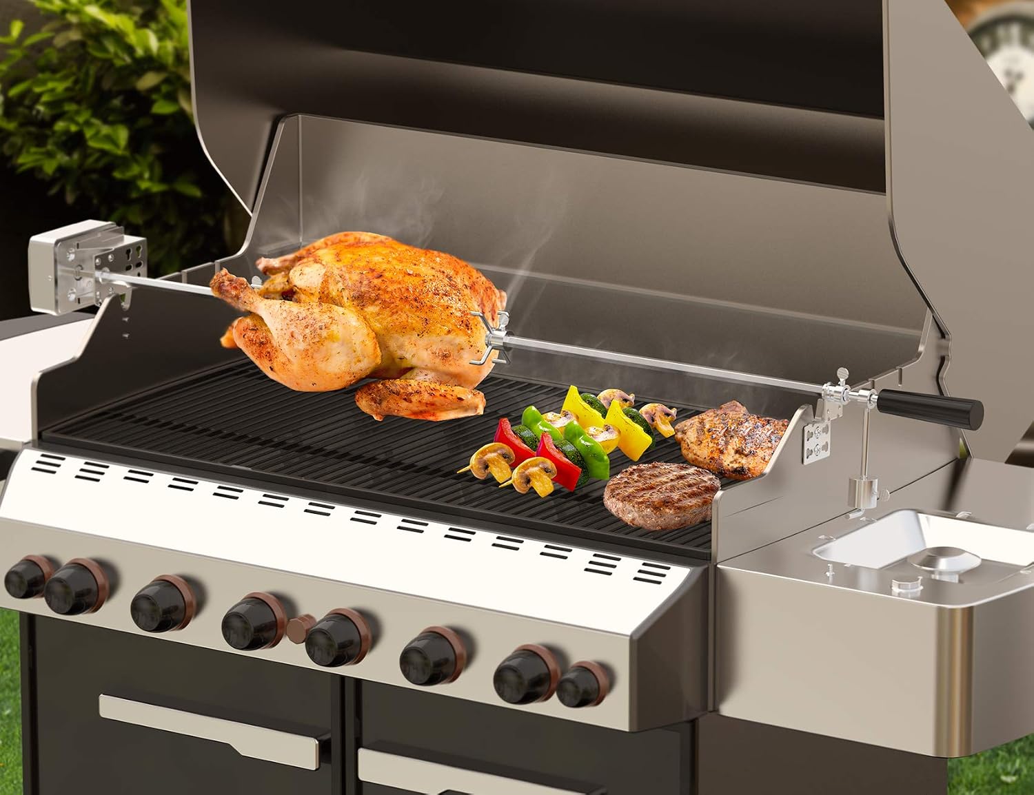 onlyfire Universal Rotisserie Kit with 110V Electric Motor for Gas Grills | Stainless Steel, 45" 1/2" Hexagon Spit Rod, Chicken Roaster
