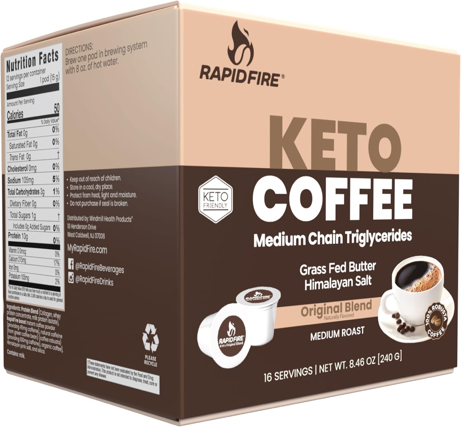 Rapidfire Caramel Macchiato Ketogenic High Performance Keto Coffee Pods, Supports Energy & Metabolism, Weight Management, Single Serve K Cup, Brown, 16 Count