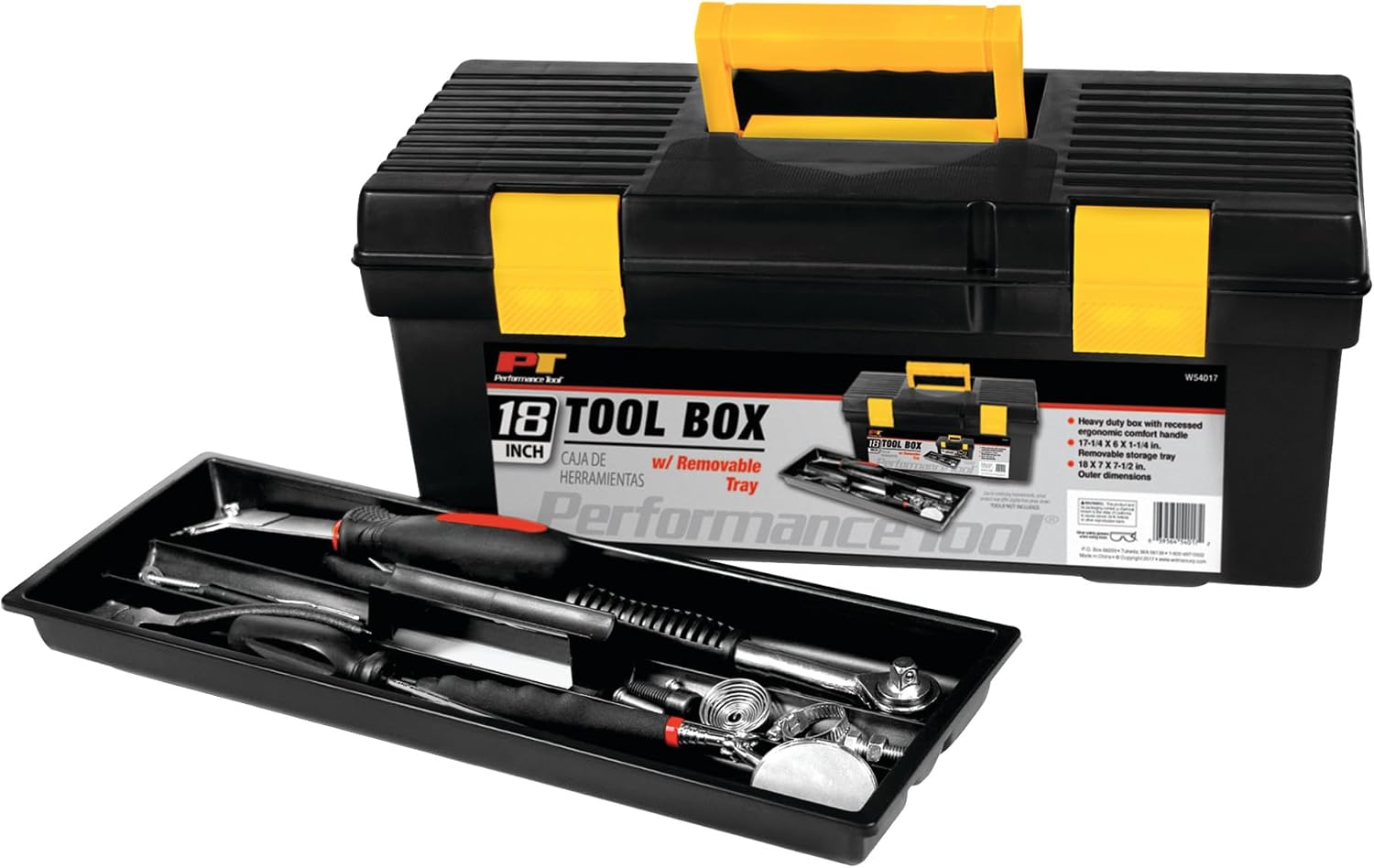 Performance Tool W54026 26 in. Steel Tool Box with Removable Tote | Heavy duty steel storage box and organizer. Recessed ergonomic comfort handle. Strong double latch with padlock eyehole