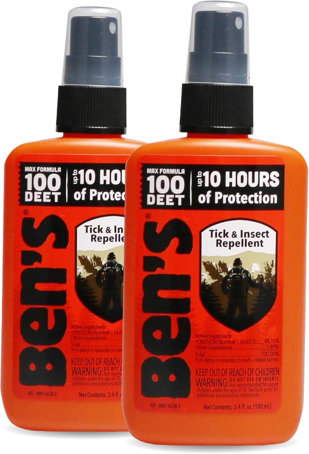 Ben's 100 DEET Tick & Insect Repellent Pump Spray, 3.4 fl oz, 2 Pack | Maximum Strength 100% DEET Formula Offers 10 Hours of Protection with No Alcohol or Other Additives for Adults & Children