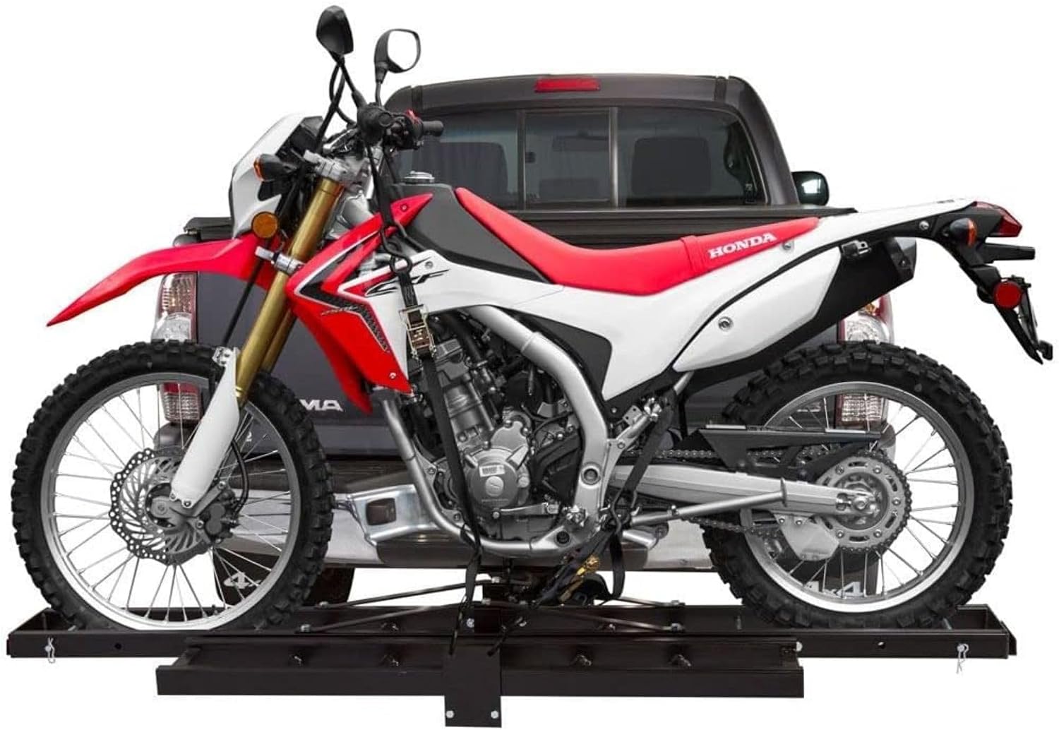 Black Widow Steel Motorcycle Carrier with Ramp for 2-Inch Receiver, 500 lb Capacity - Hitch-Mounted Dirt Bike and Scooter Hauler with Grit-Coated Track and Anti-Rattle Device for SUVs and Trucks