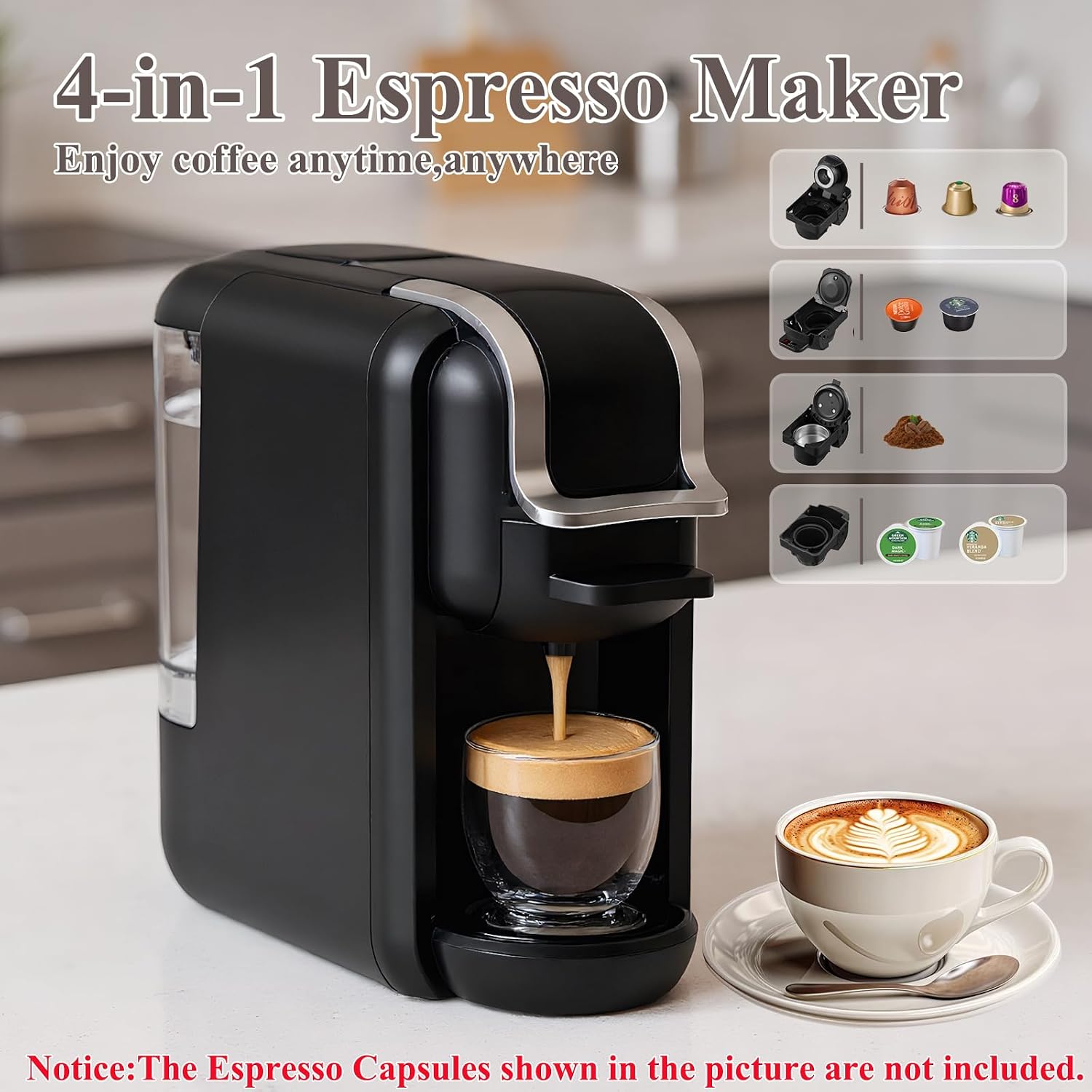 4-in-1 Pods Coffee Maker 19Bar, Compact Design Fast Brew Hot/Cold Espresso Machine for K Cup Pods,Nes Original/DG Capsule and Ground Coffee at Home or Office (White)