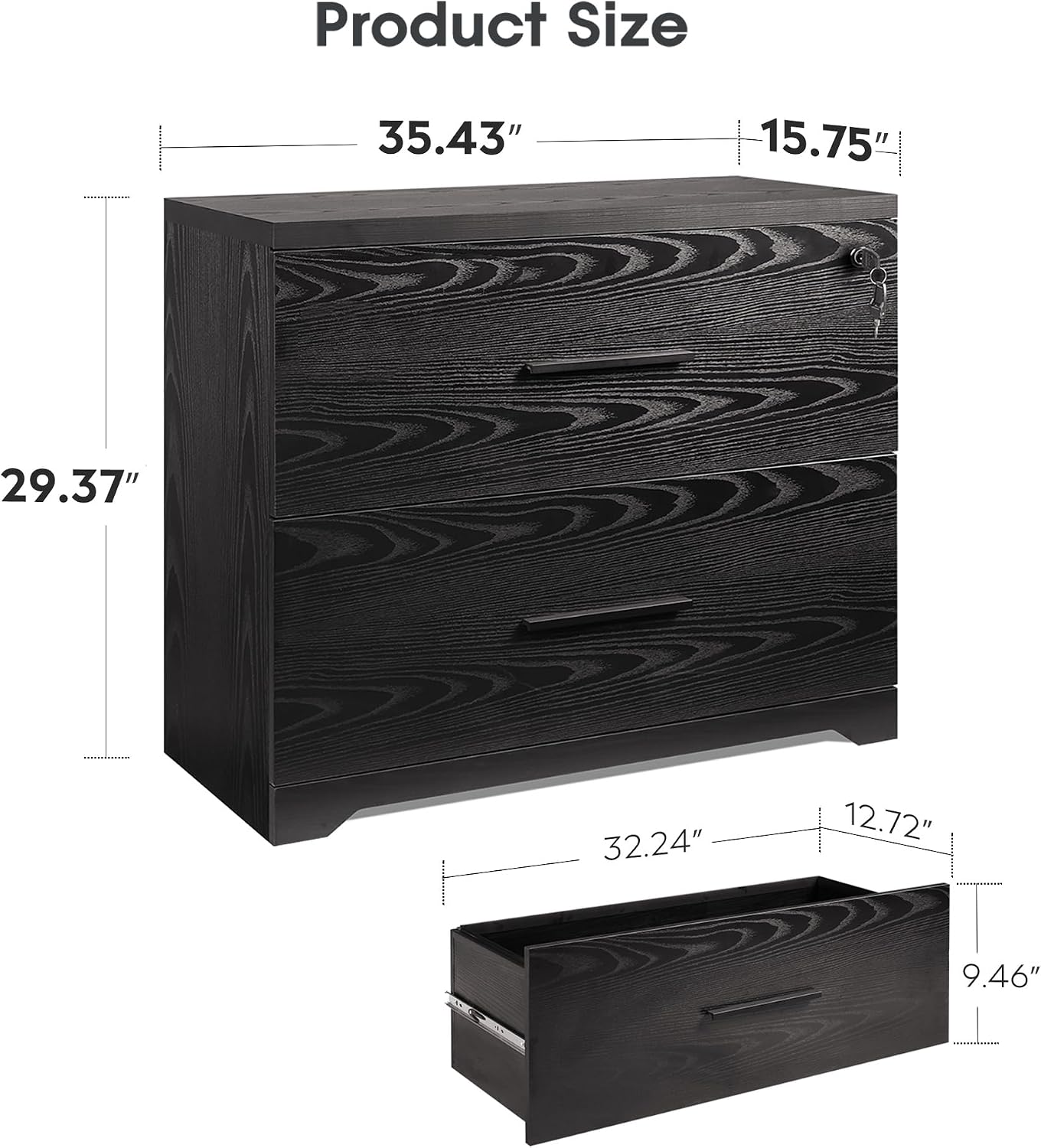 DEVAISE Lateral File Cabinet with Lock, 2 Drawer Filing Cabinet, Black
