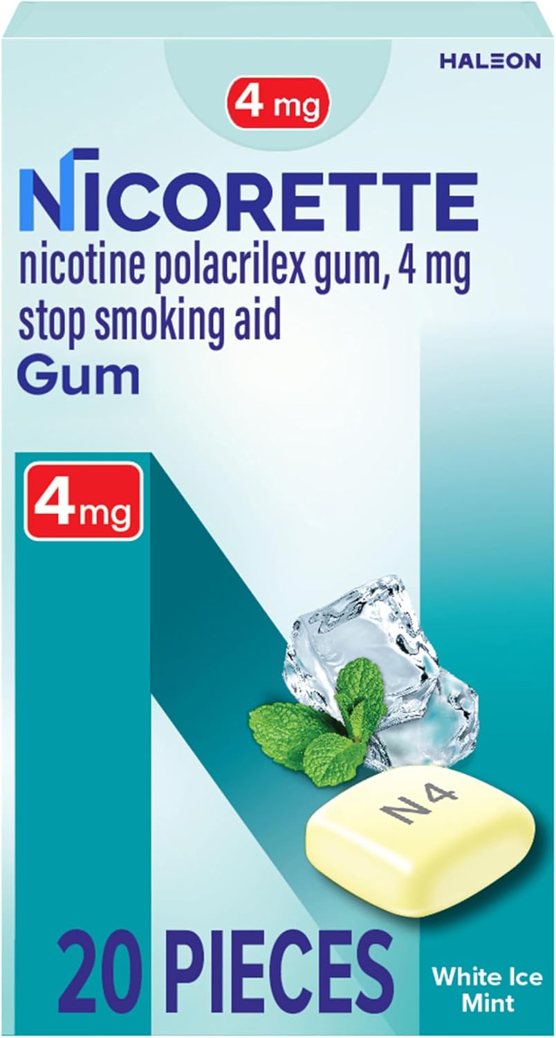 Nicorette Nicotine Gum 4mg, Quit Smoking Aid, White Ice Mint, 20 Count | Reduces Nicotine Cravings and Withdrawal Symptoms, Intense Craving Relief, Portable Smoking Cessation Gum