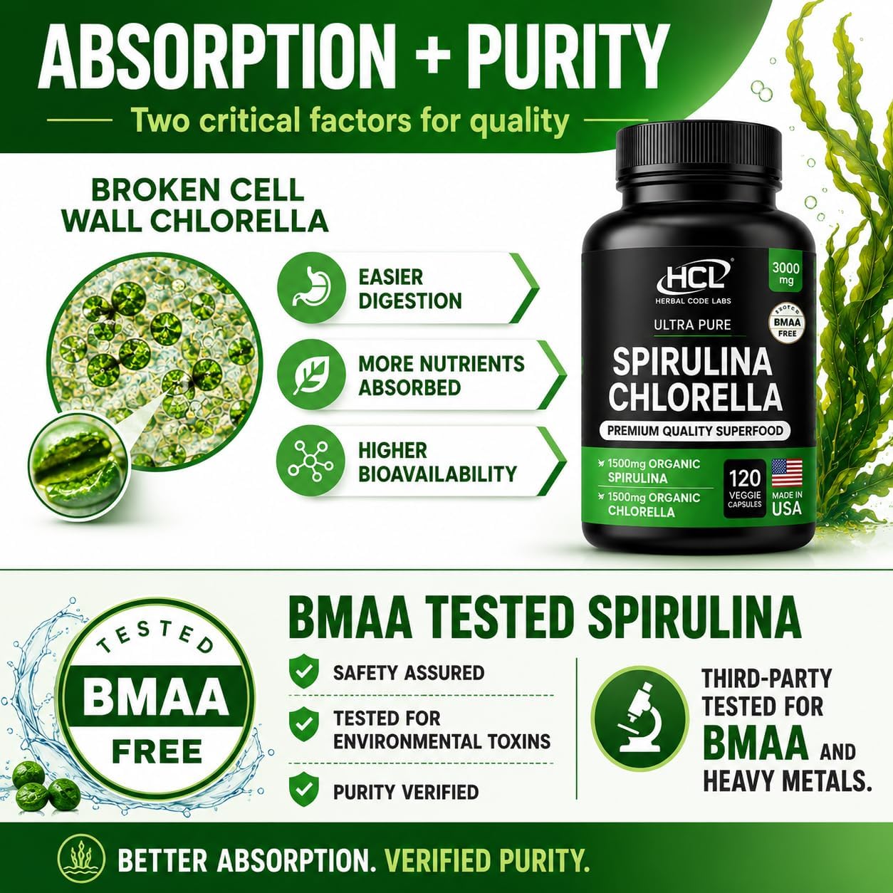 Chlorella Spirulina Powder Capsules 3000 mg of BMAA Free Purest Blue Green Algae - Best Natural Detox Raw Vegan Vitamins Protein Green Superfood
