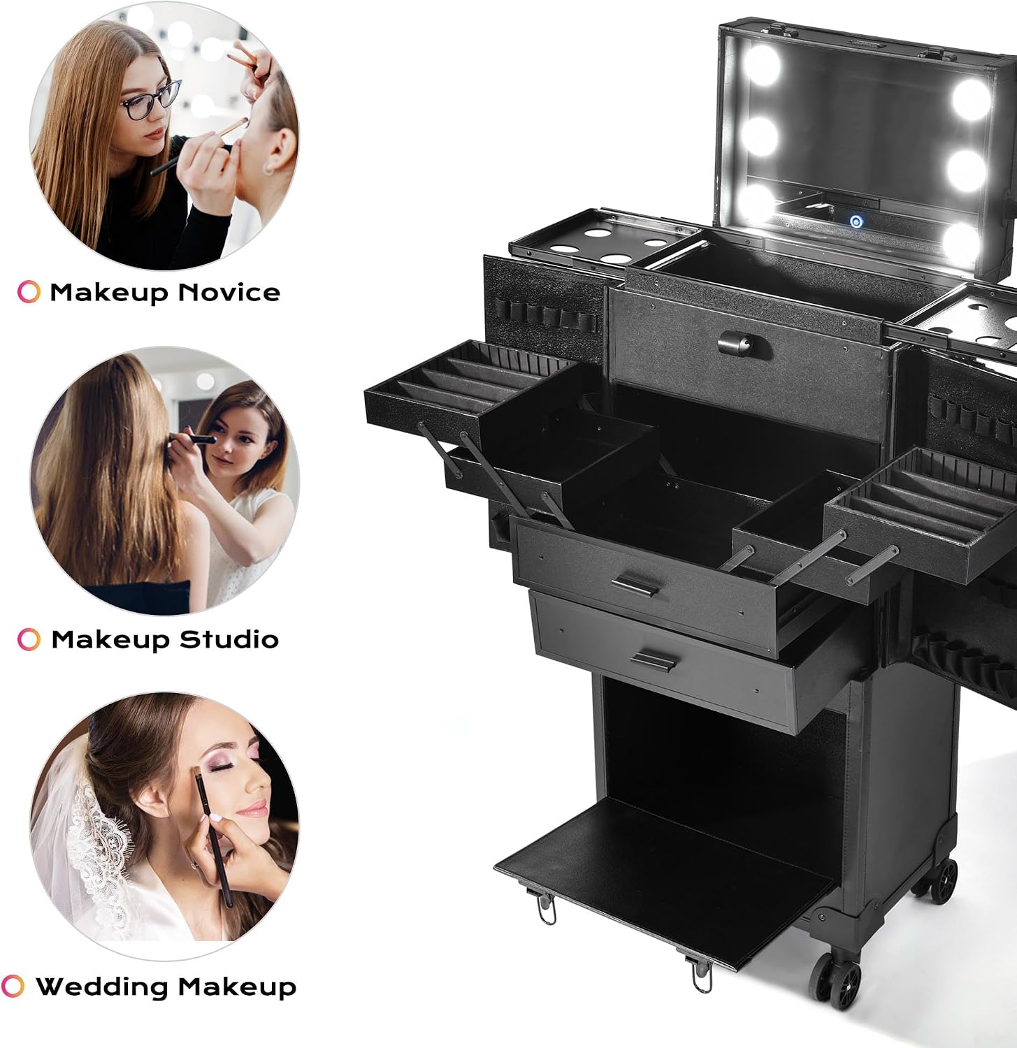 BYOOTIQUE Rolling Makeup Case with Lighted Mirror Hairstylist Station | Salonwith 2 Drawer,4 Trays,Hair Dry Holder,Professional Hairdressing Case,Beauty Salon Cart,Portable Vanity,Mobile