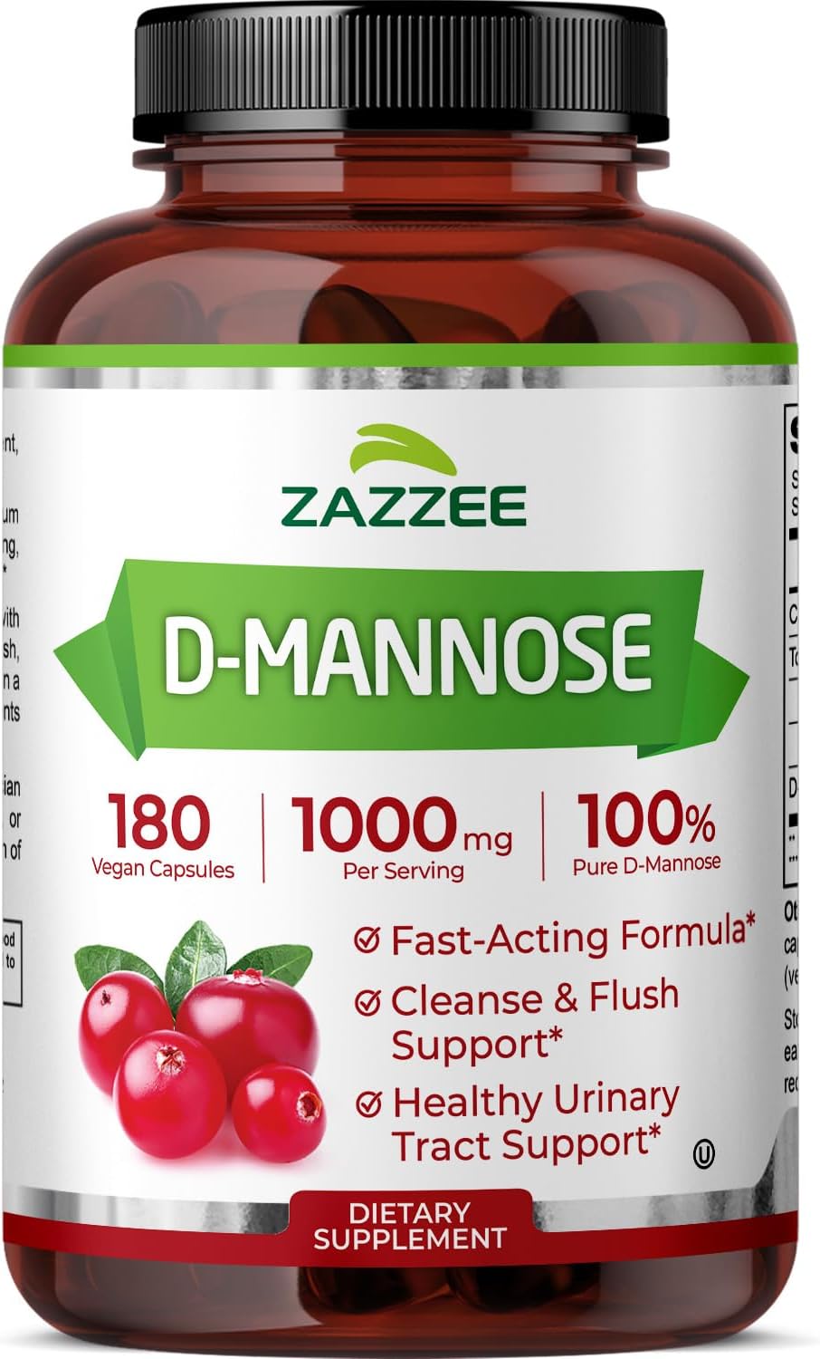 Zazzee D-Mannose, 1000 mg per Serving, 180 Vegan Capsules, 3 Month Supply | Potent & Fast-Acting, Certified Kosher, 100% Pure, All-Natural Urinary Tract Health Support, 100% Vegetarian, Non-GMO
