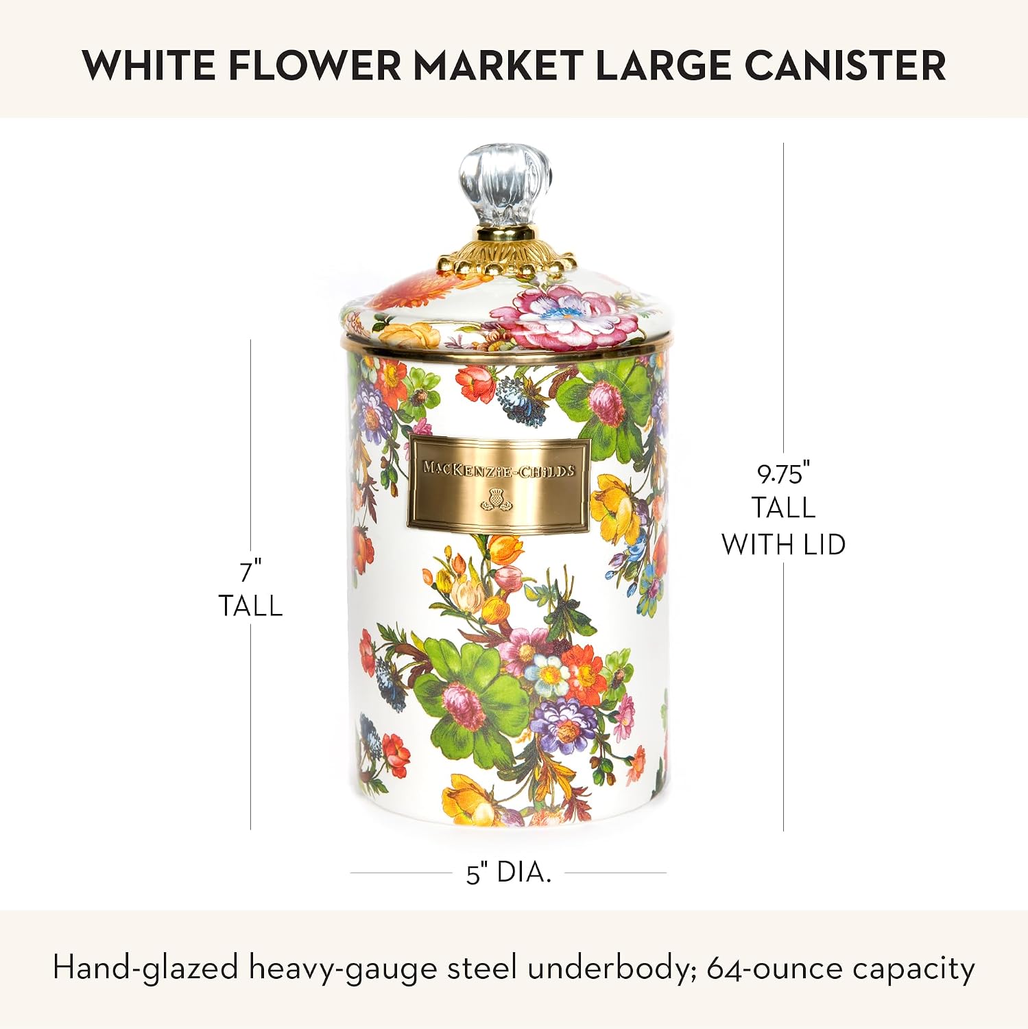 MACKENZIE-CHILDS Enamel Canister, Large, White Butterfly Garden | Hand-applied design, made from enameled steel, versatile kitchen storage container for flour and sugar, 64-ounce capacity