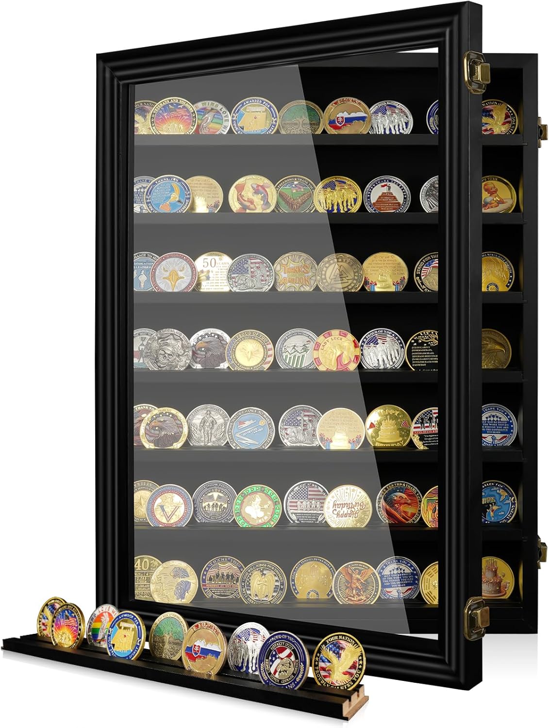 ASmileIndeep 7 Rows Military Challenge Coin Holder Display Cabinet Wall Mount with HD Tempered Glass, Holds 100 Coins, Wooden Medal Display Case Shadow Box with Removable Shelves, Mahogany