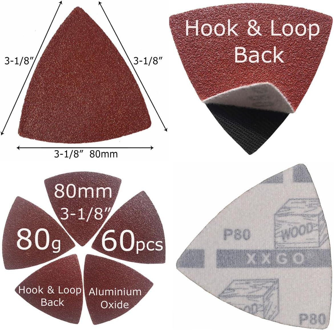 XXGO 55 Pcs 80mm 3-1/8 Inch Triangular Oscillating Multi Tool Sanding Pads | Assorted Grit , Hook & Loop Design , Strong Velcro , Best for Metal Wood Sanding