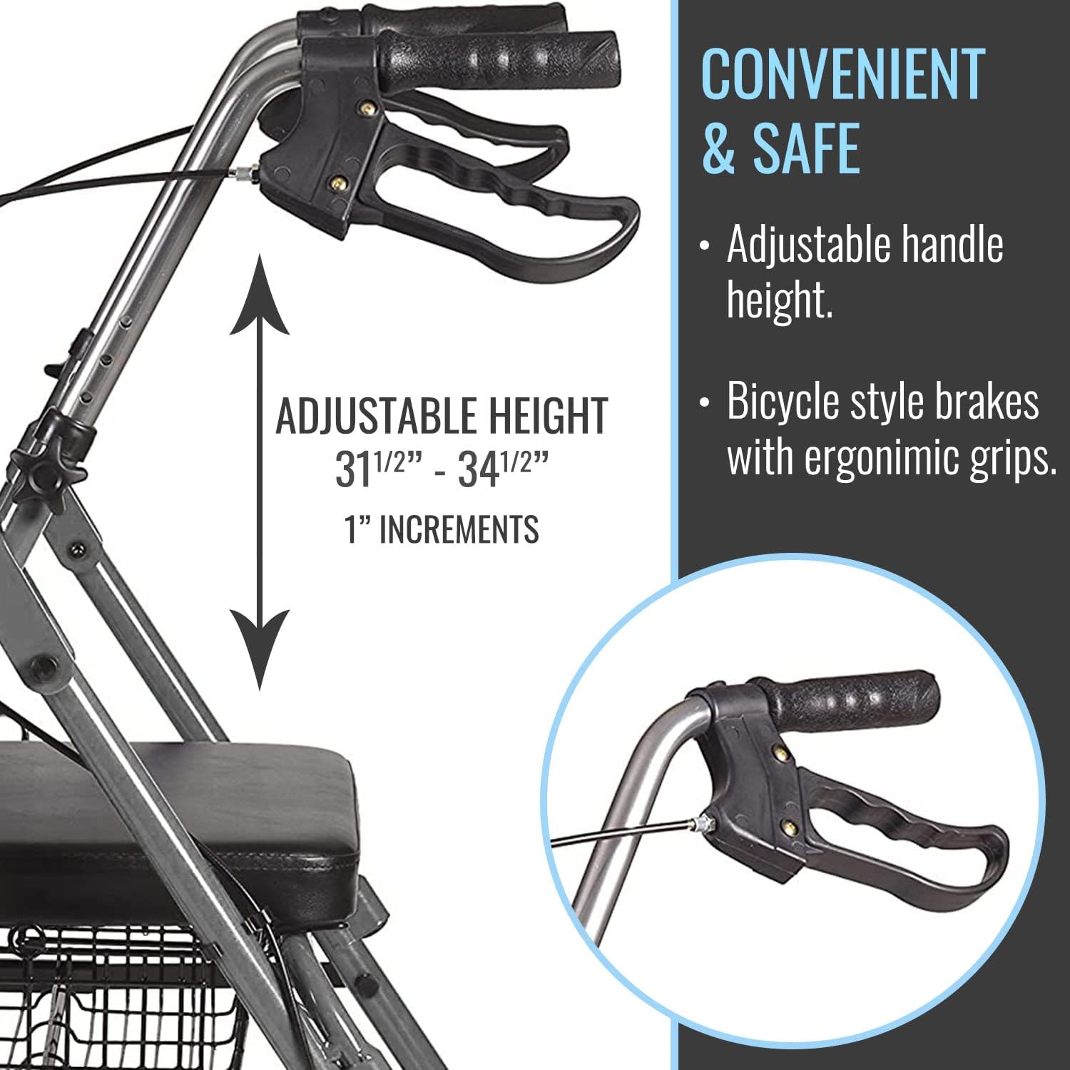 DMI Ultra Lightweight Folding Aluminum Hemi Rollator with Padded Seat, Basket and Adjustable Handle Height, Mobility Walker, Easily Fords