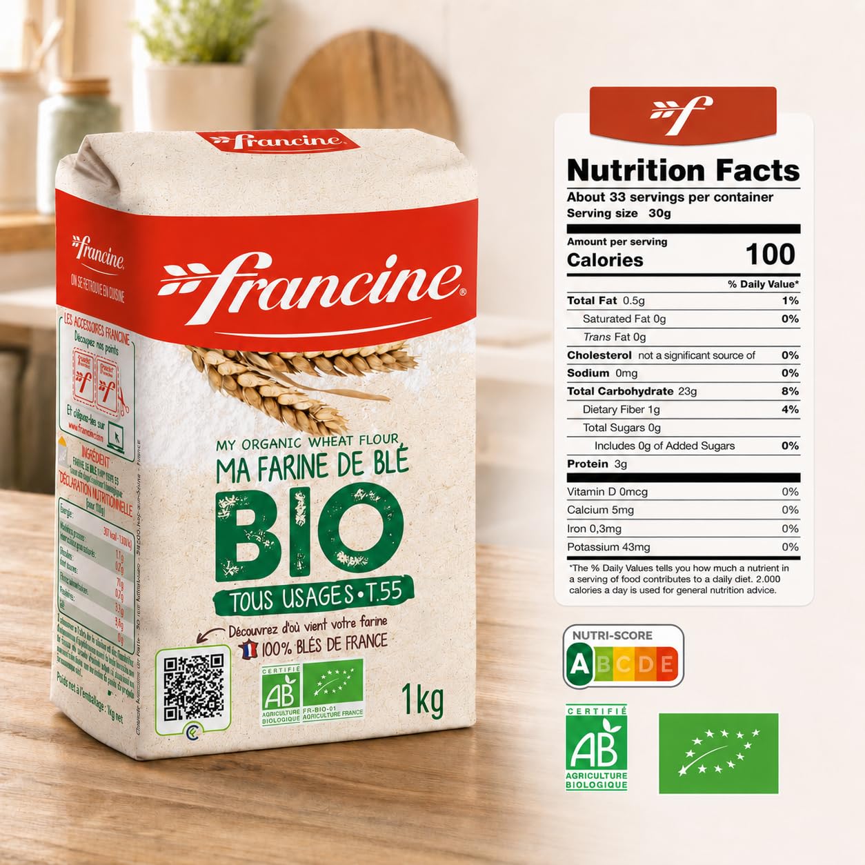 Francine Organic T55 All-Purpose French Flour, EU Certified, 2.2lb (2-Pack)