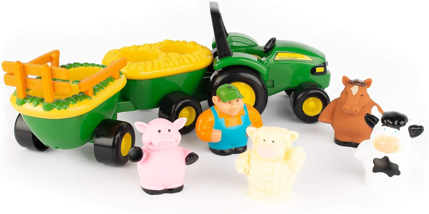 TOMY John Deere Animal Sounds Hayride Musical Tractor Toy - Musical Hayride Toddler Toys - Includes Farmer Figure, Tractor