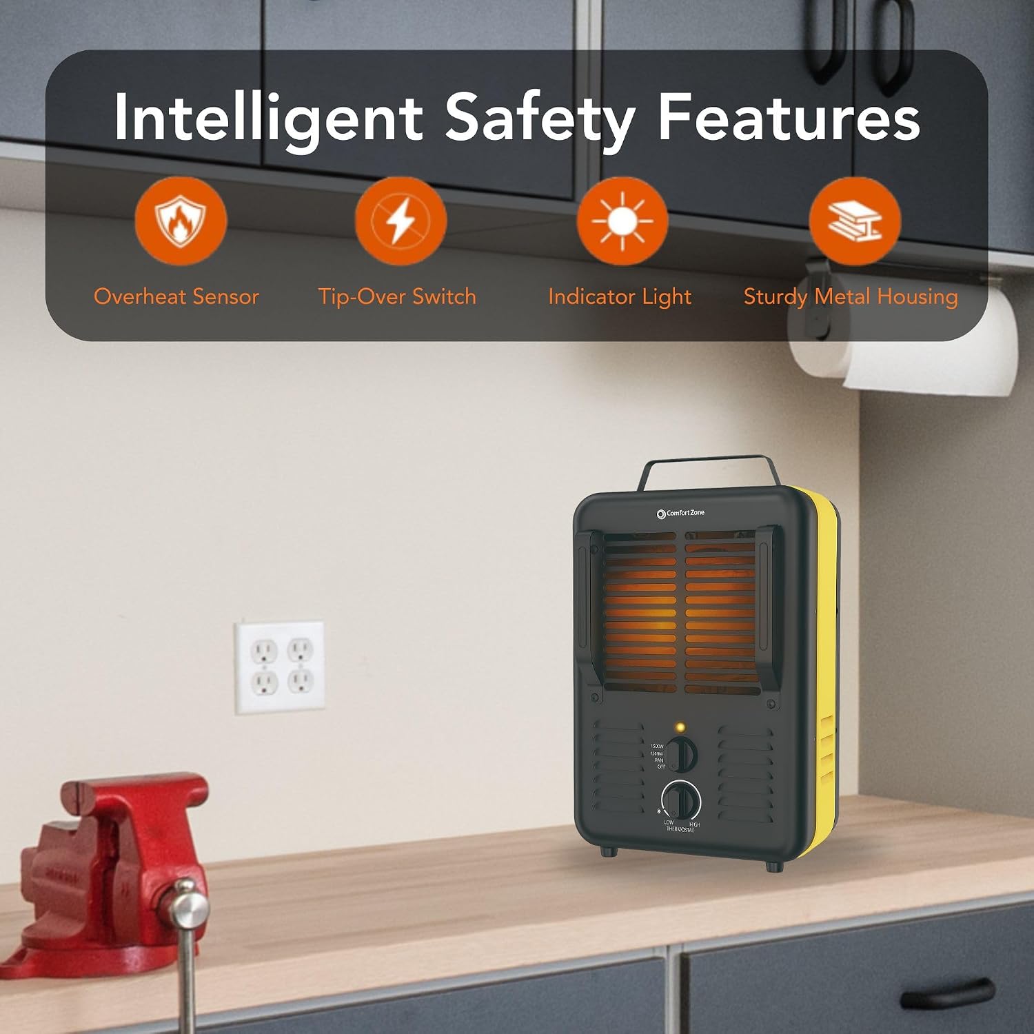 Comfort Zone Electric Portable Milkhouse Style Utility Space Heater with Adjustable Thermostat, Overheat Protection, and Safety Tip-Over Switch, Ideal for Garage or Greenhouse, 1,500W, CZ798