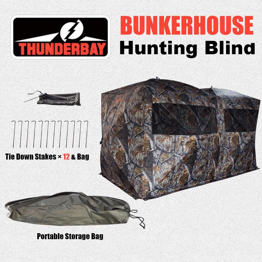 THUNDERBAY Bunkhouse Pop Up Portable 6 Person Side-by-Side Hunting Blind, Footprint: 140"x70" with 80" Height