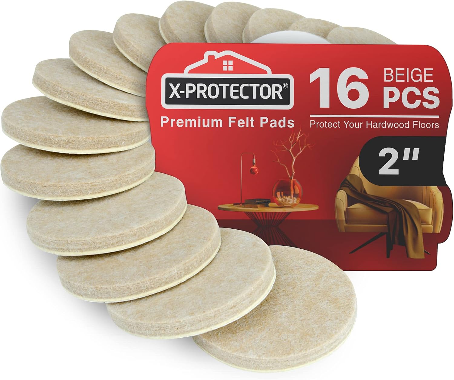 16 Heavy-Duty Felt Furniture Pads 2” 1/4” Thick X-Protector Round Felt Pads | for Furniture Feet - The Best Felt Floor Protectors for Furniture to Prevent Scratches. Protect Your Hard Floor! (Brown)