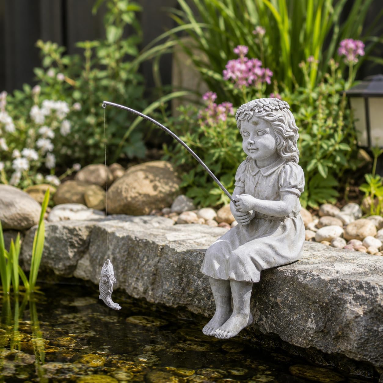 Goodeco Fisherboy Statue Garden Decor - 11" Little Fishing Guy for Koi Pond or Waterfalls, Poolside Statue with Glow in Dark Pebbles Included