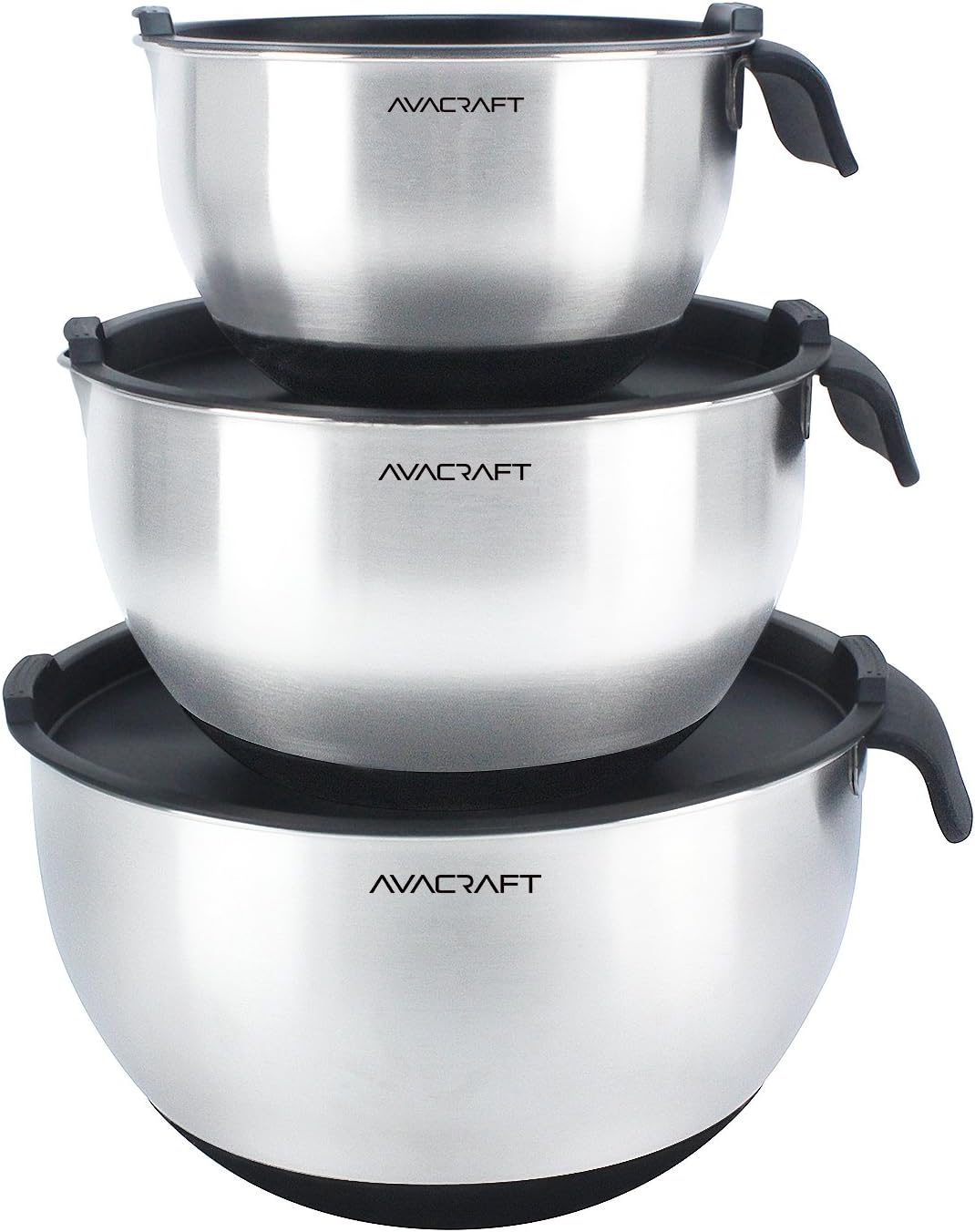 AVACRAFT 18/10 Stainless Steel Mixing Bowls with Lids, non slip silicone base bowls with Handle, Mixing Bowl Set with Pour Spouts & Measurement Marks, Home Essentials Cooking Bowls, (Red)