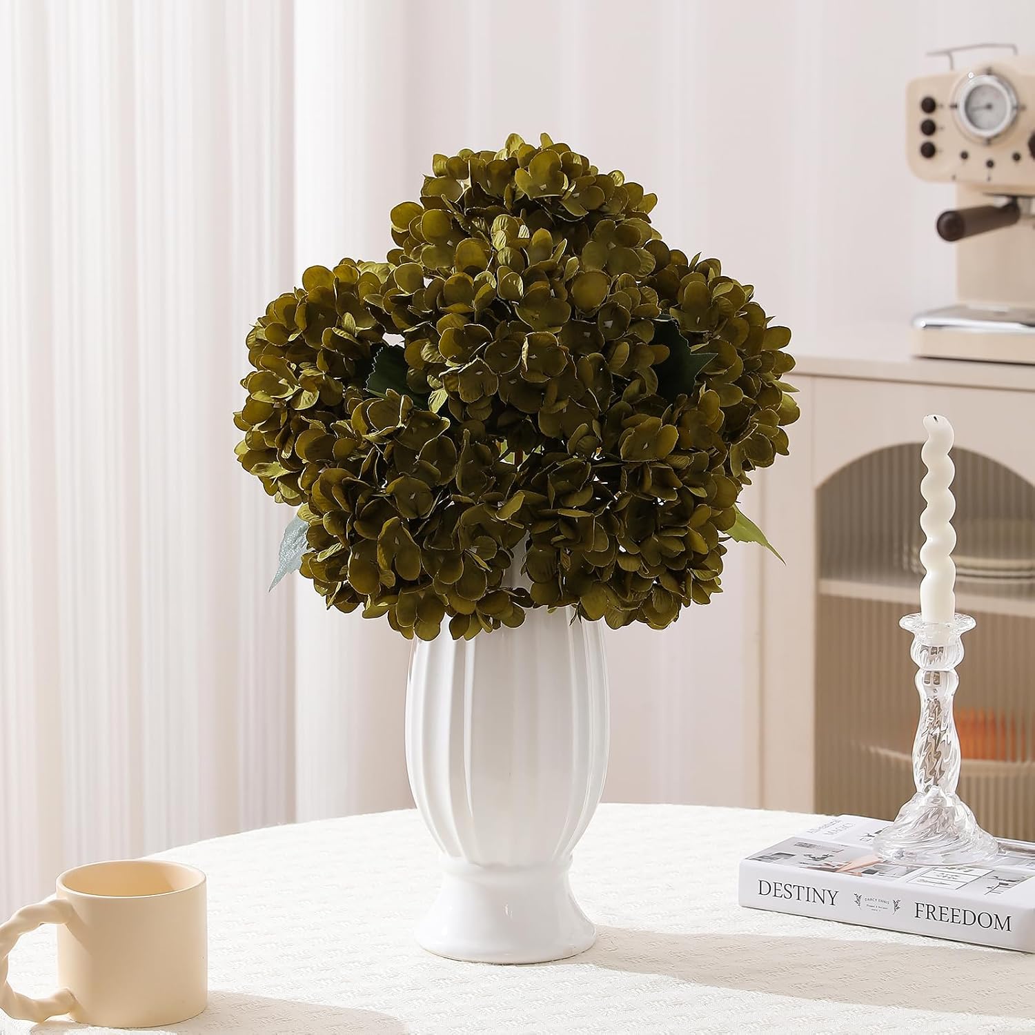 Kisflower 6pcs White Hydrangea Artificial Flowers - Faux Hydrangea Flowers, Fake Silk Flowers for Table Centerpiece