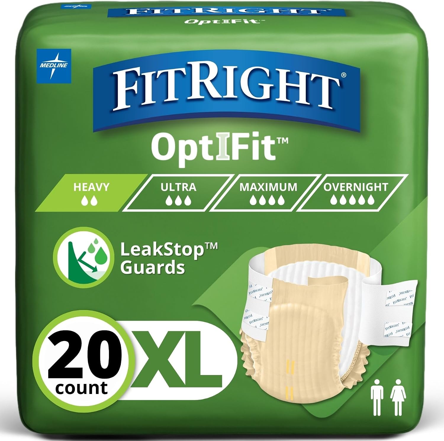 FitRight Adult Diapers, Extra+ Heavy Absorbency, M (Waist Size 32in-44in), 80 Count, OptiFit Incontinence Briefs for Men and Women, Disposable, Moisture-Wicking, Leak Protection,