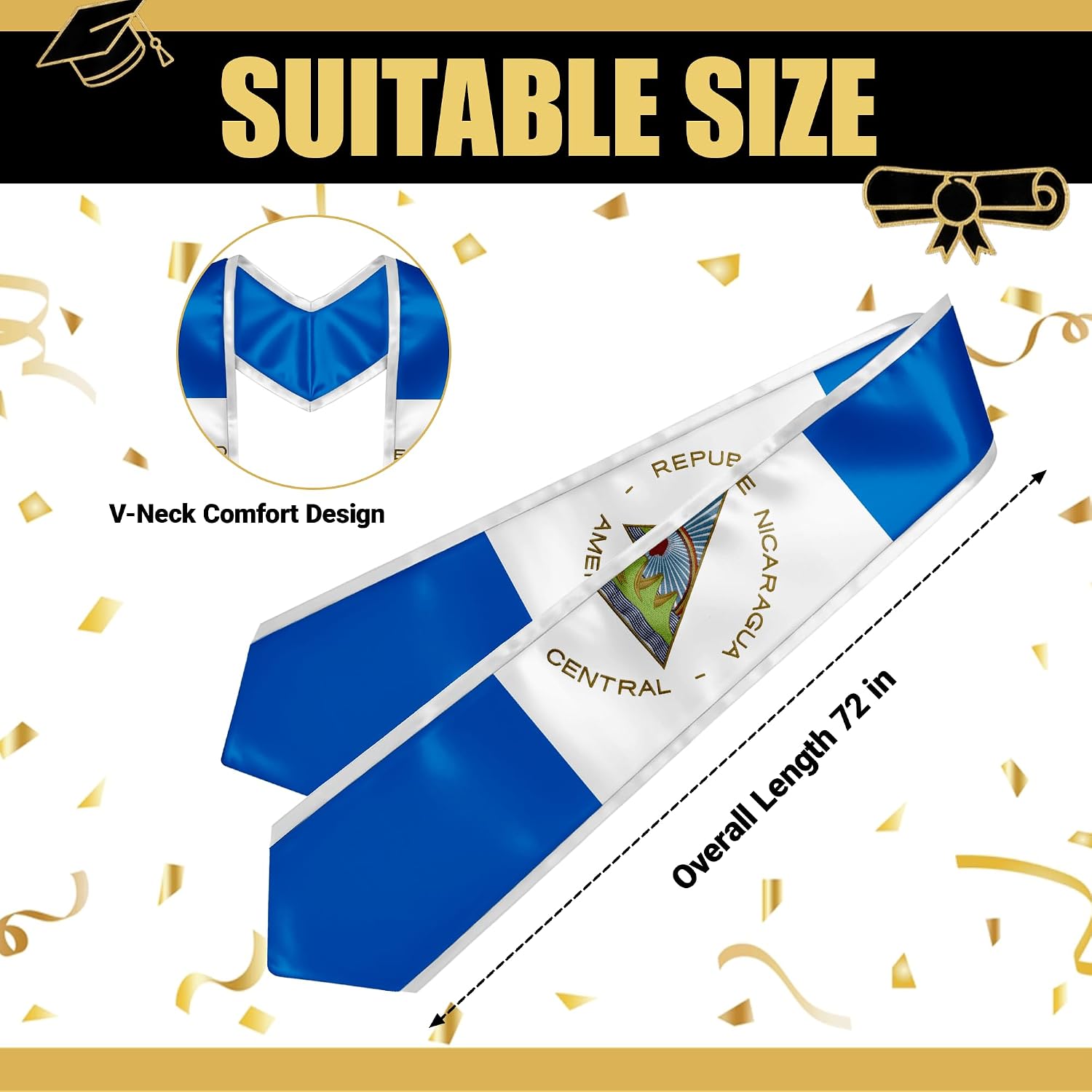 YOXEULL National Flag Embroidered Graduation Stole with Trim, Graduation Sash Graduates Gift, 72"